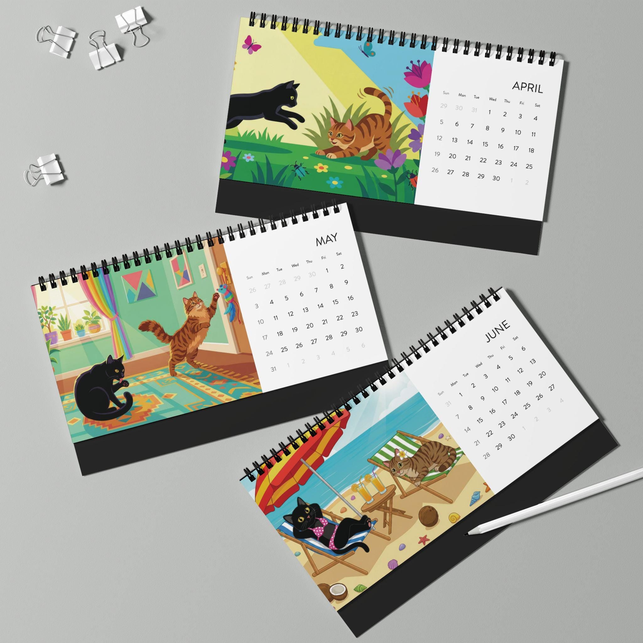2026 Desk Calendar: Cat Illustration Art, Monthly Spiral Display, Colorful Animal Scenes image 3