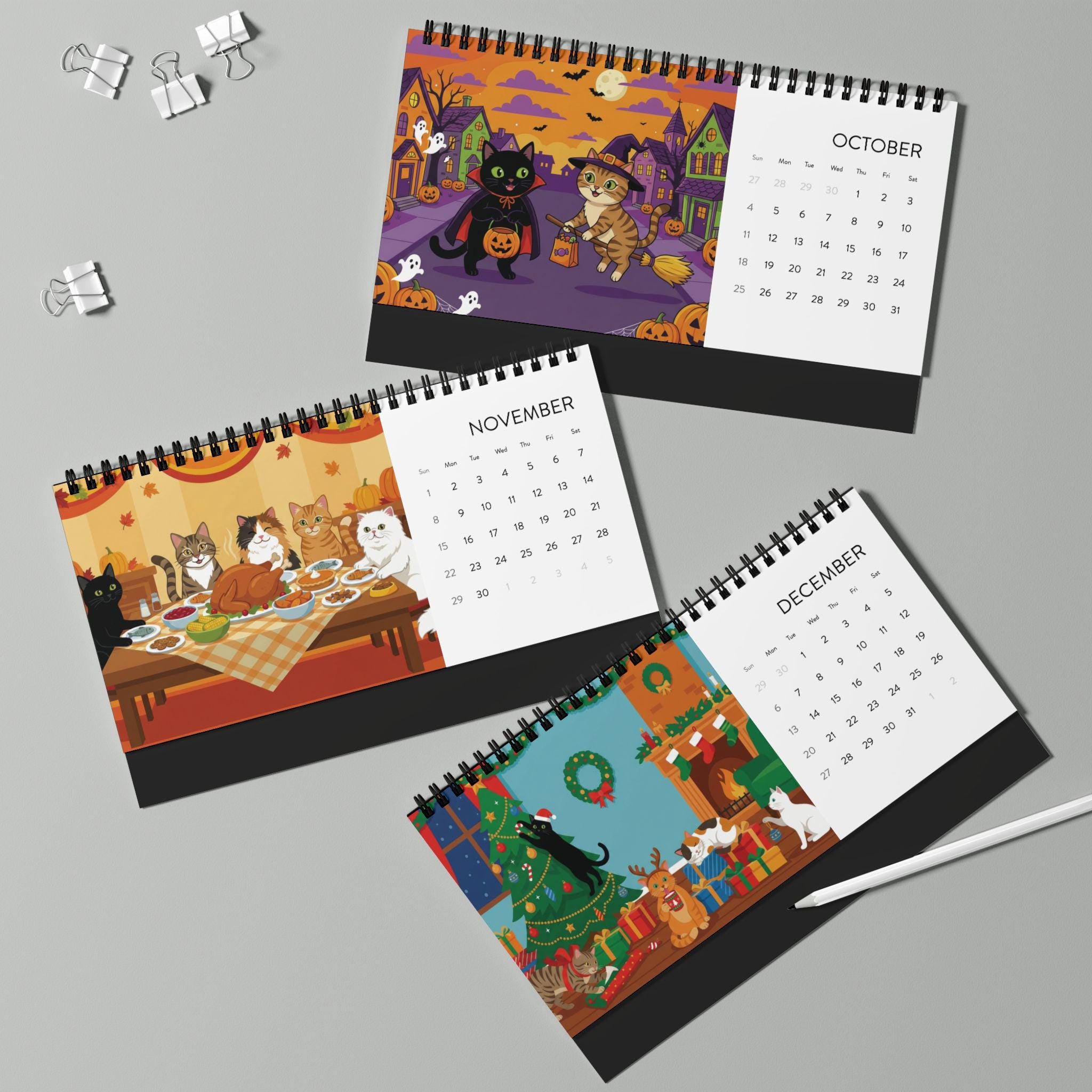 2026 Desk Calendar: Cat Illustration Art, Monthly Spiral Display, Colorful Animal Scenes image 5