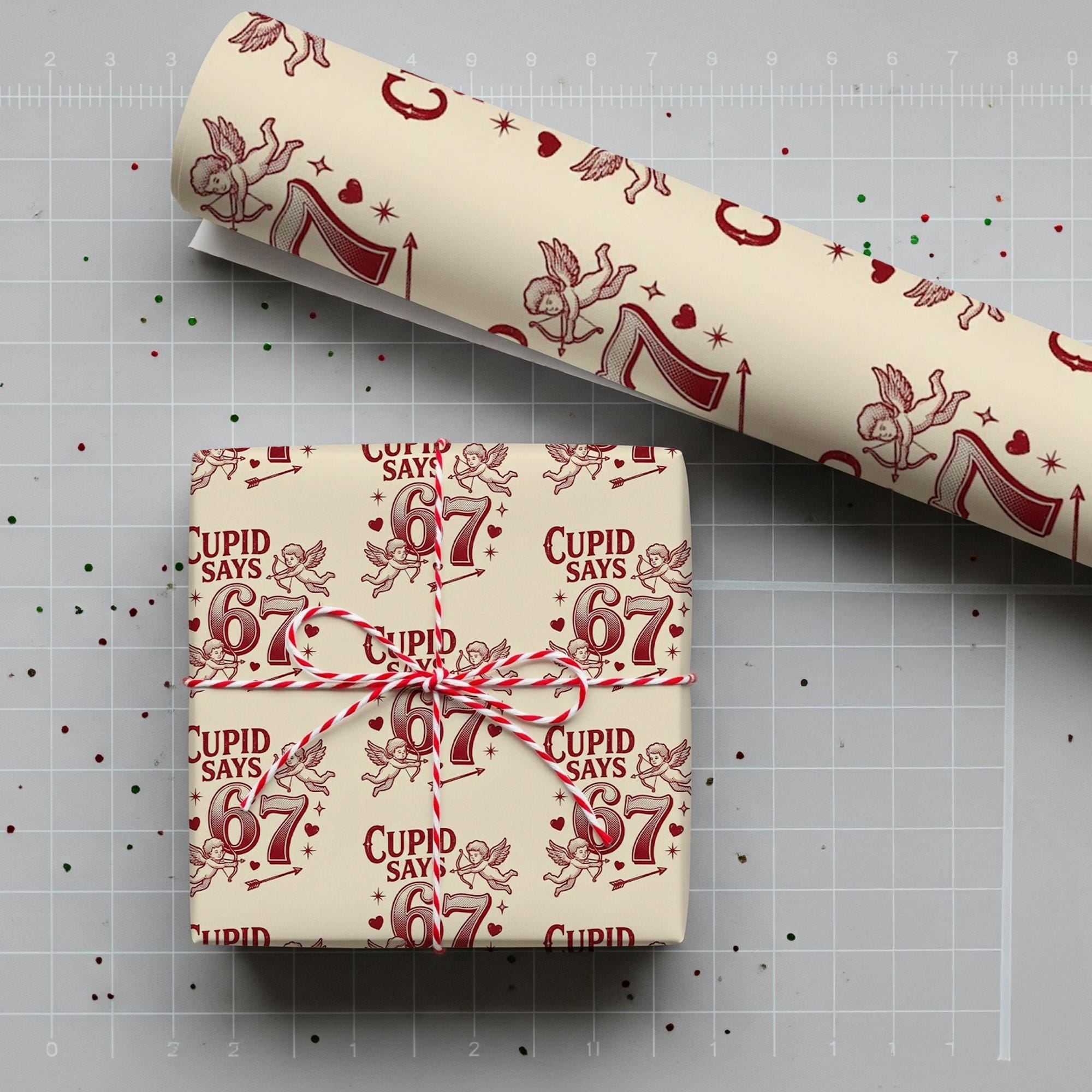 67 Valentine Paper Wrapping Sheet: Cupid Print, Retro Typography, Beige Background image 1