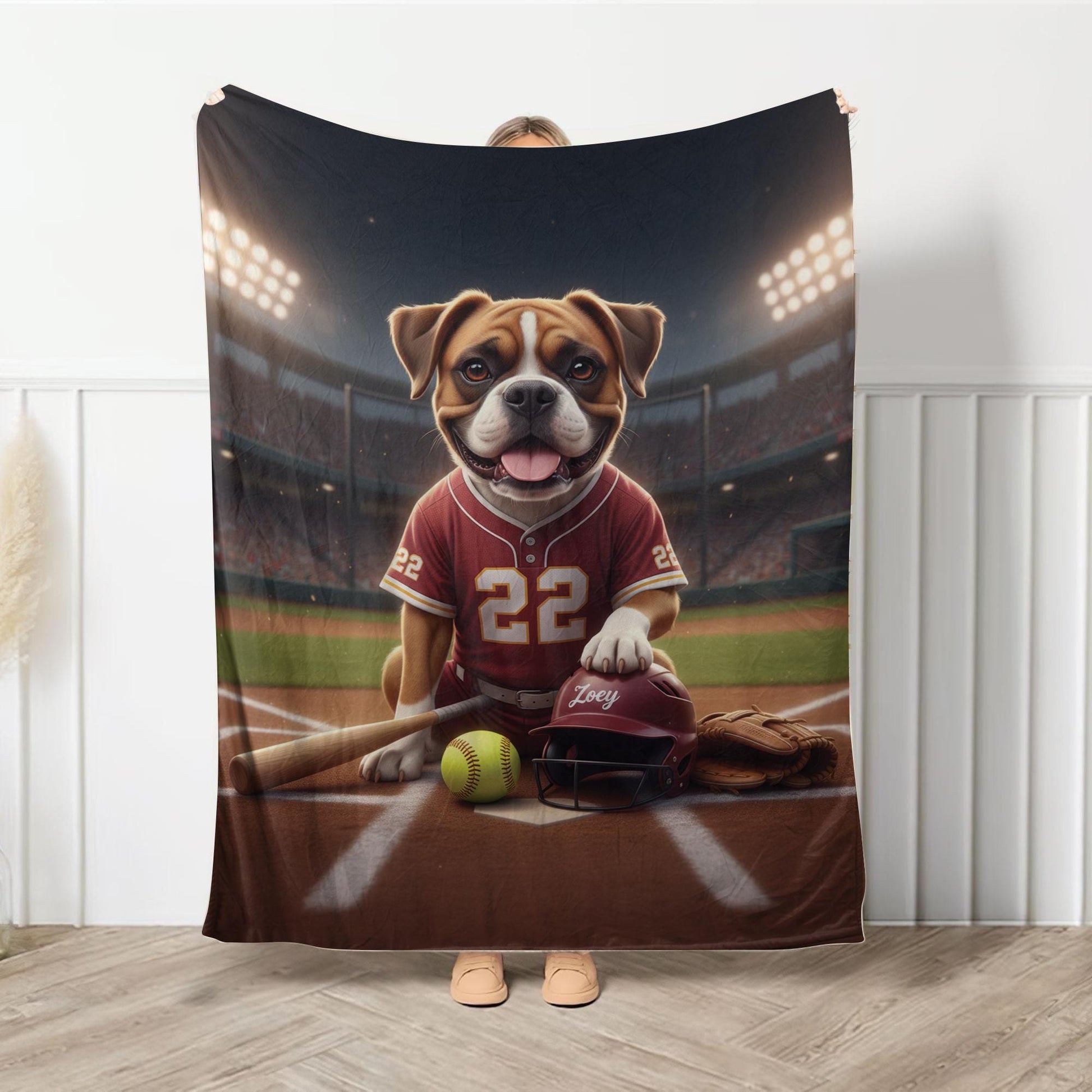 Custom Pet Sports Blanket | Personalized Dog Softball Fleece Throw | Pet Portrait Stadium Decor image 4