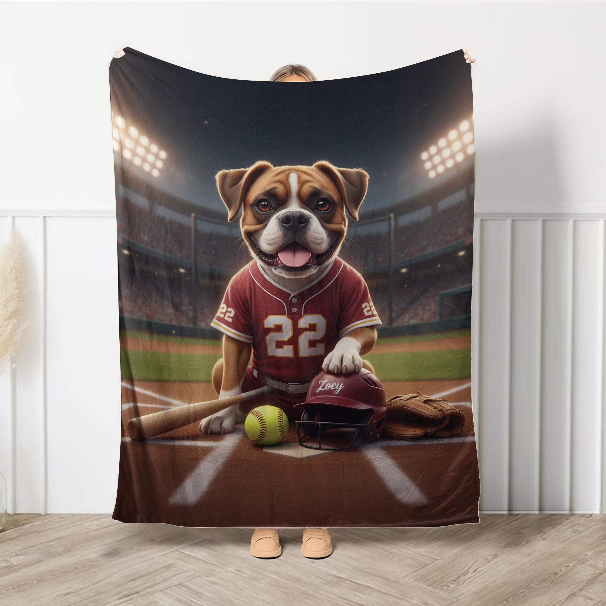 Custom Pet Sports Blanket | Personalized Dog Softball Fleece Throw | Pet Portrait Stadium Decor image 4