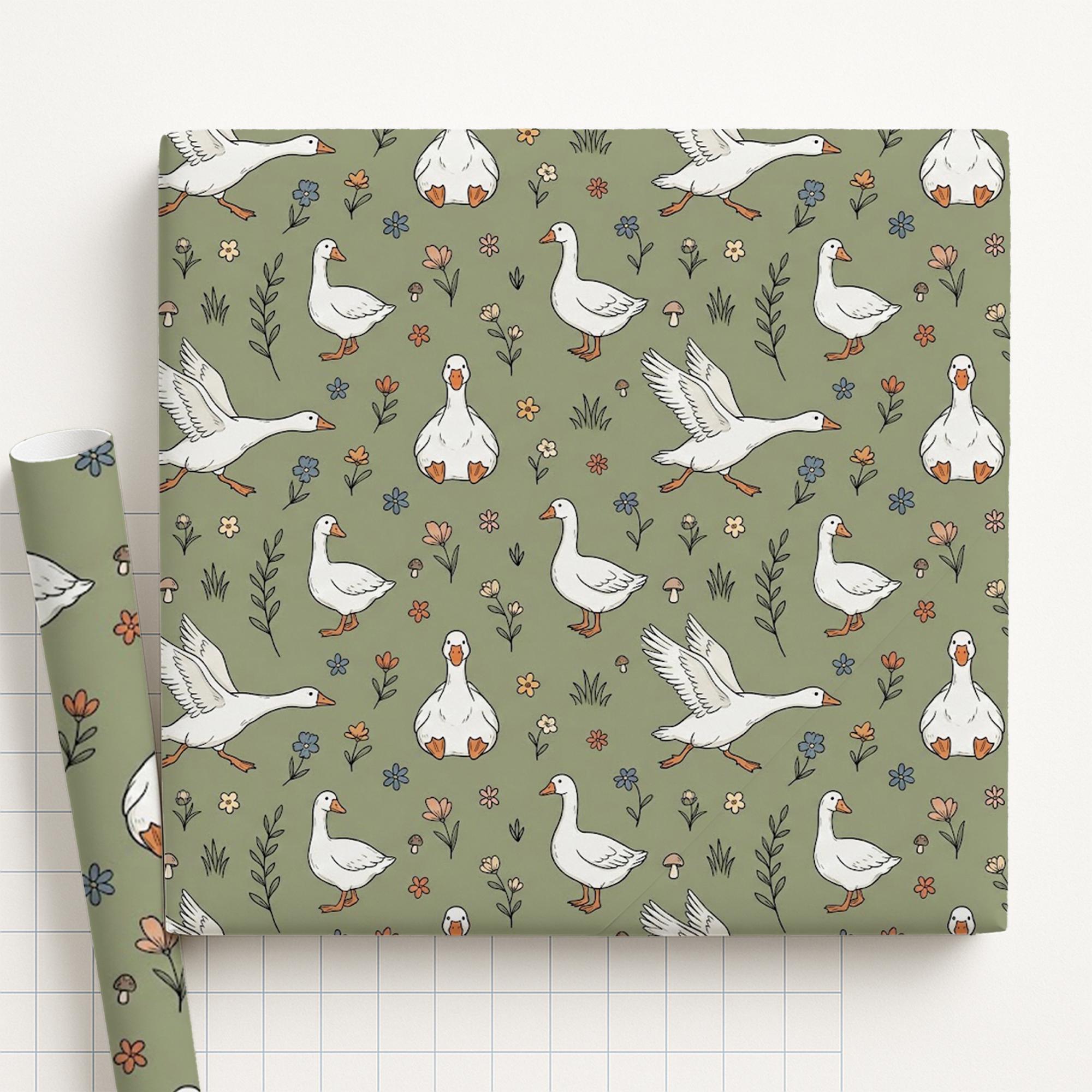 Wrapping Paper Roll: Goose Pattern, Botanical Accents, Earth Tone Background image 2