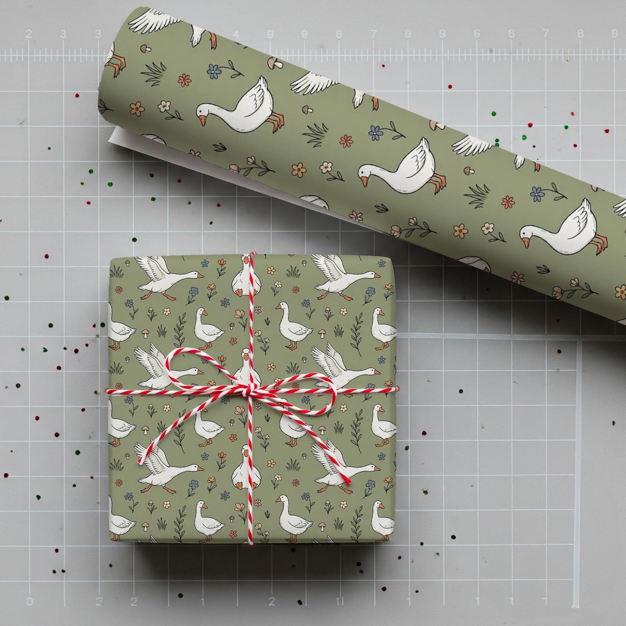 Wrapping Paper Roll: Goose Pattern, Botanical Accents, Earth Tone Background image 1