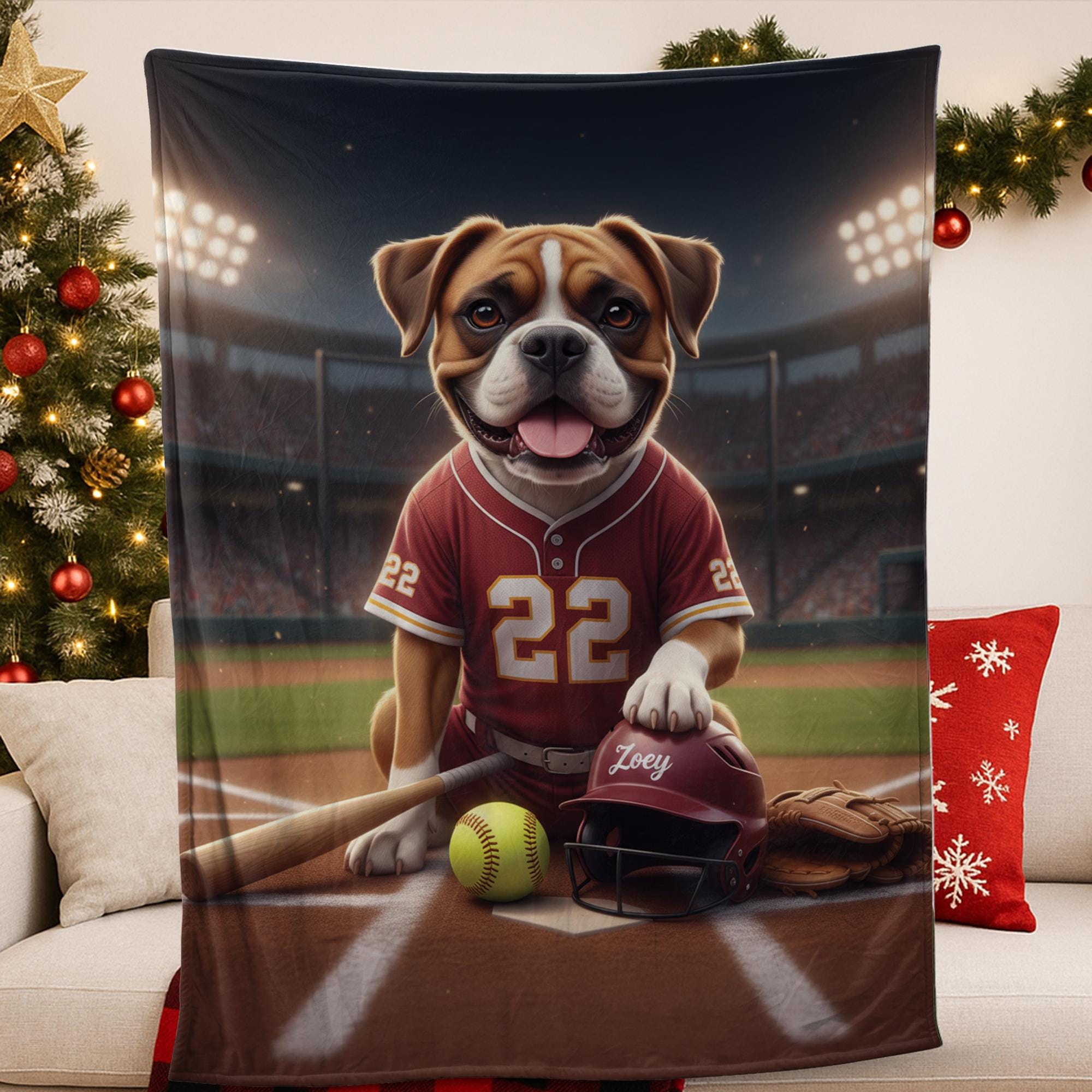 Custom Pet Sports Blanket | Personalized Dog Softball Fleece Throw | Pet Portrait Stadium Decor image 1