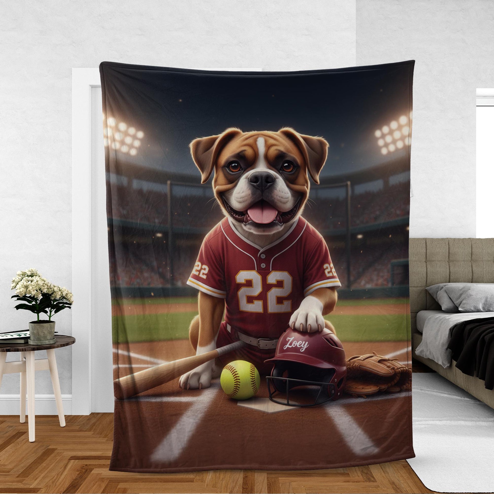 Custom Pet Sports Blanket | Personalized Dog Softball Fleece Throw | Pet Portrait Stadium Decor image 5