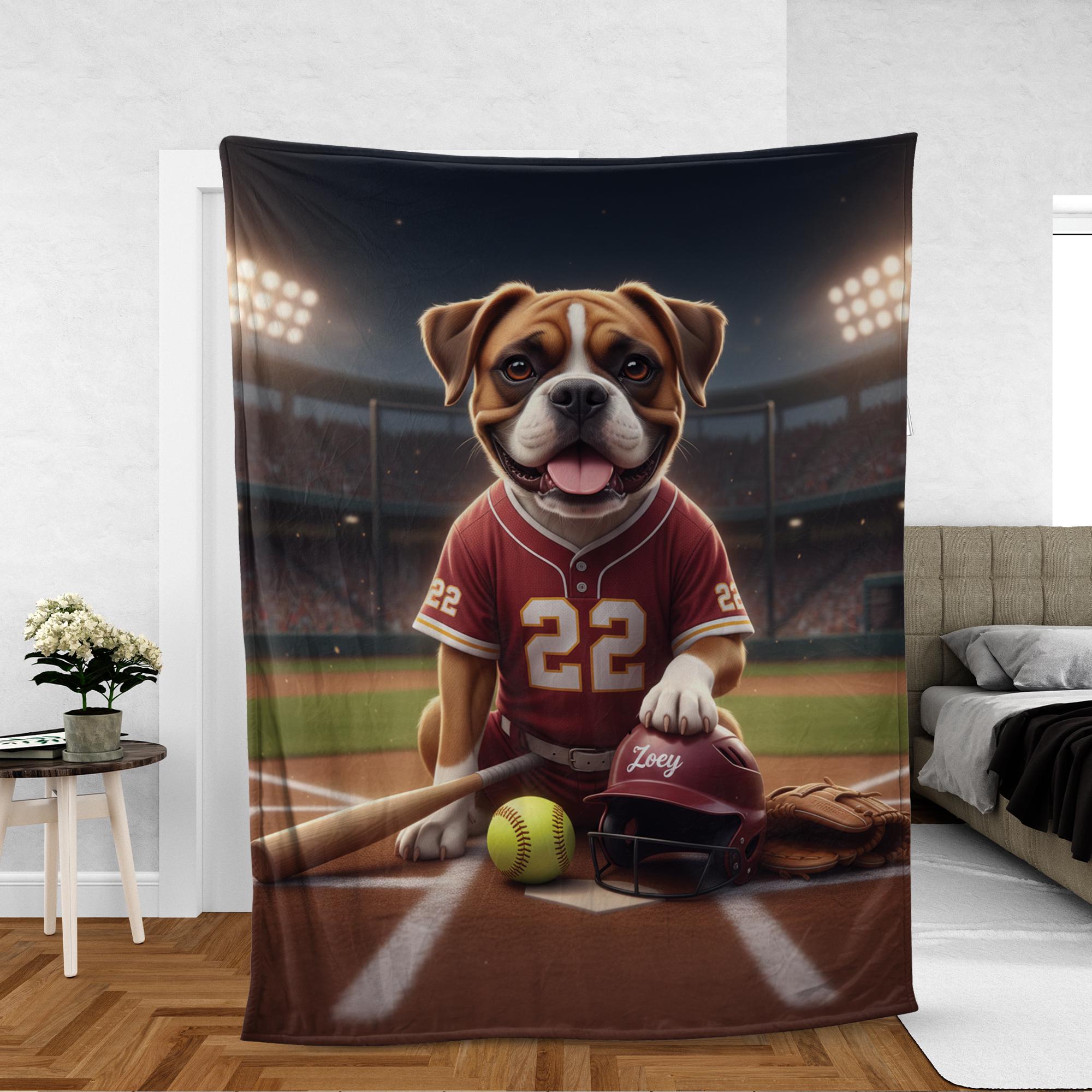 Custom Pet Sports Blanket | Personalized Dog Softball Fleece Throw | Pet Portrait Stadium Decor image 5