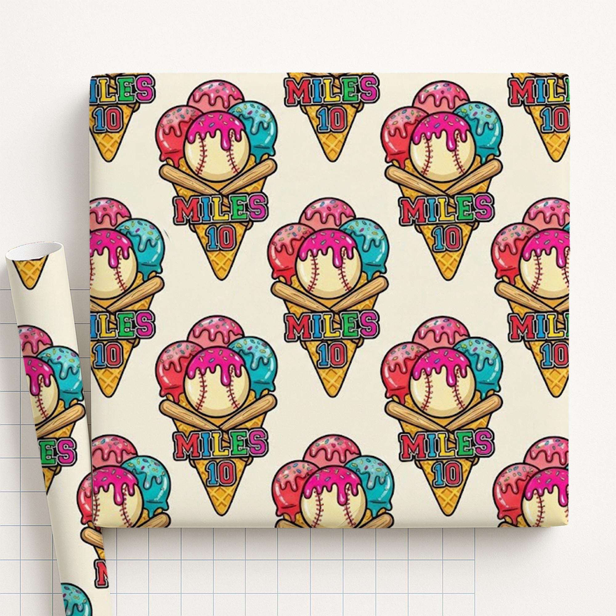 Wrapping Paper Sheet: Baseball Ice Cream Print, Colorful Sports Theme, Bold Typography image 2