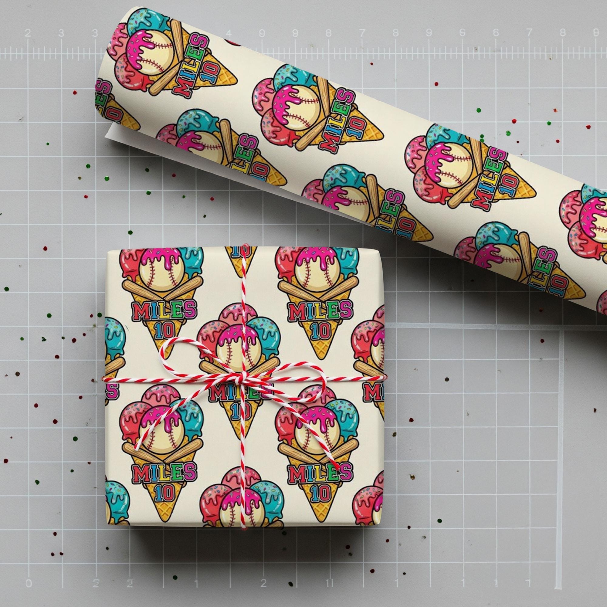 Wrapping Paper Sheet: Baseball Ice Cream Print, Colorful Sports Theme, Bold Typography image 1