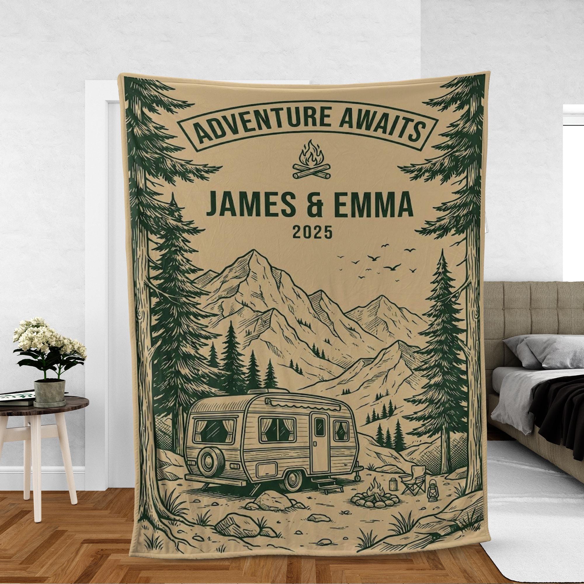 Personalized Fleece Blanket: Camper Scene Print, Mountain Forest Design, Wall Hanging image 1