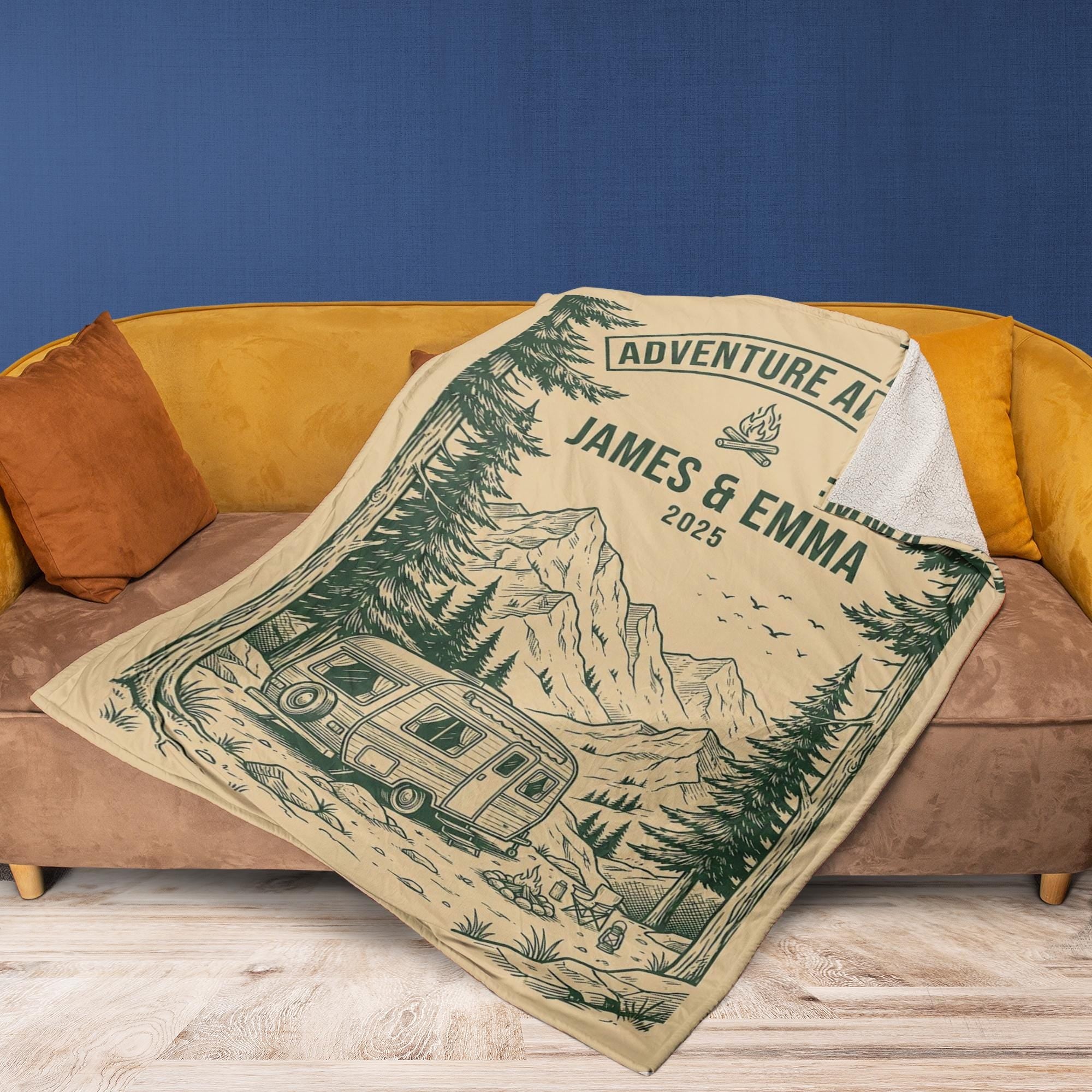 Personalized Fleece Blanket: Camper Scene Print, Mountain Forest Design, Wall Hanging image 2