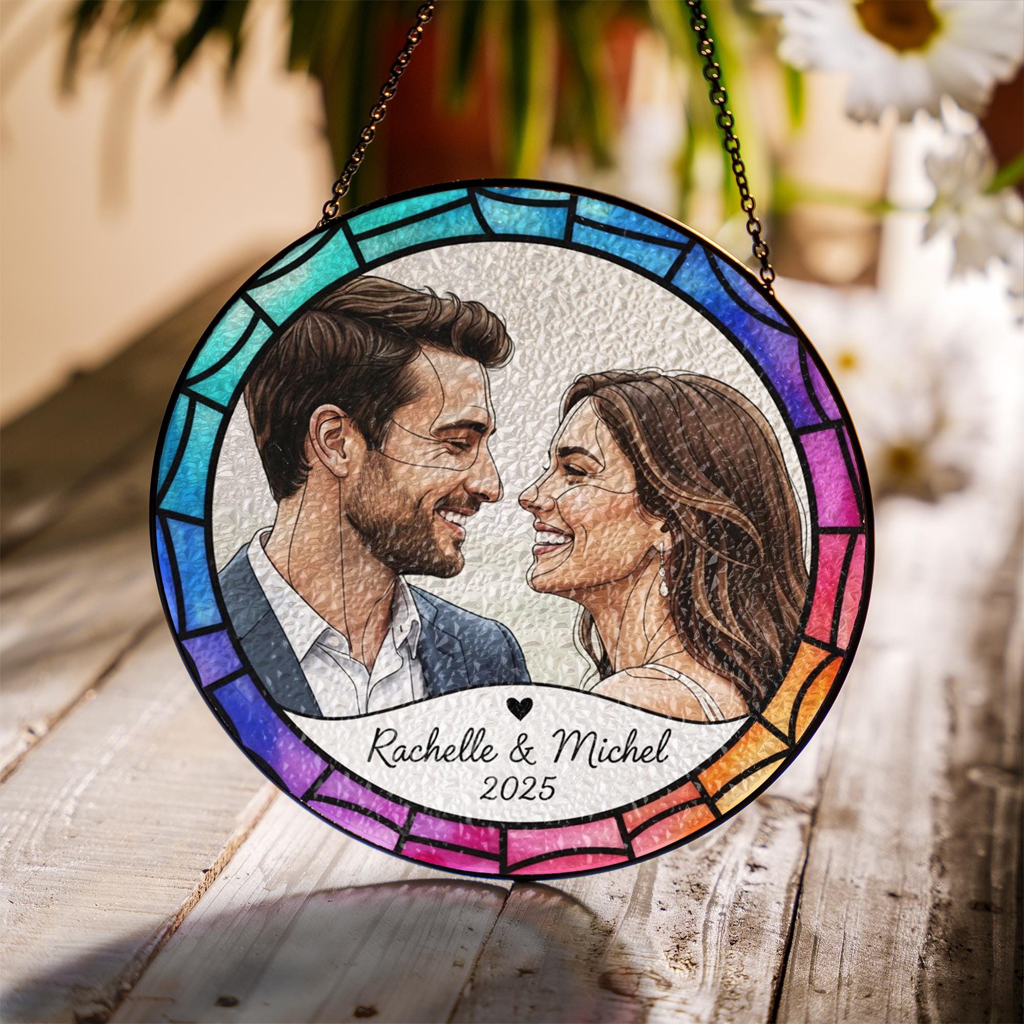 Personalized Glass Suncatcher: Couple Portrait Design, Multicolor Border, Hanging Ornament image 1