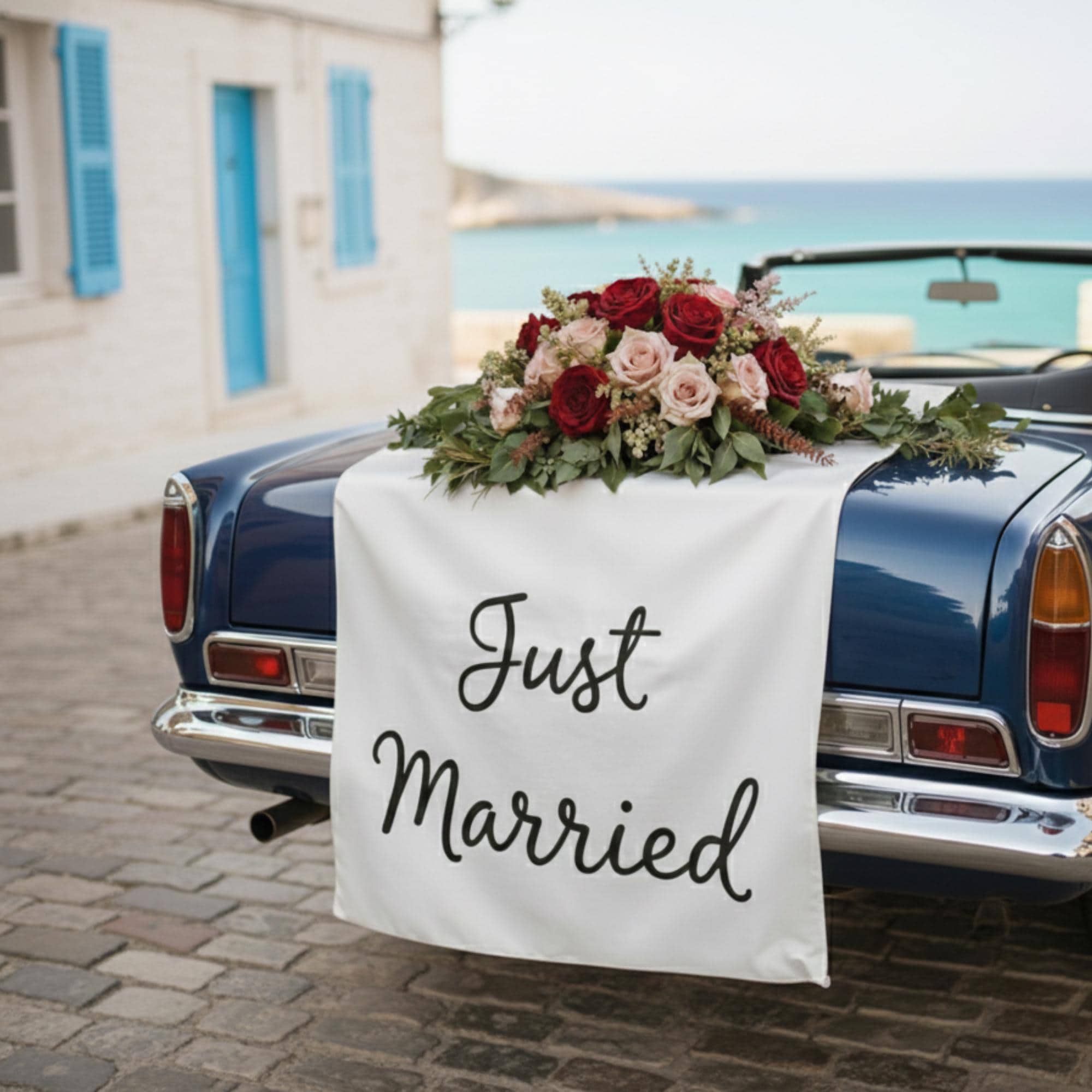 Just Married Linen Table Runner : Wedding Car Décor Banner • Printed Reception Table Cloth image 2