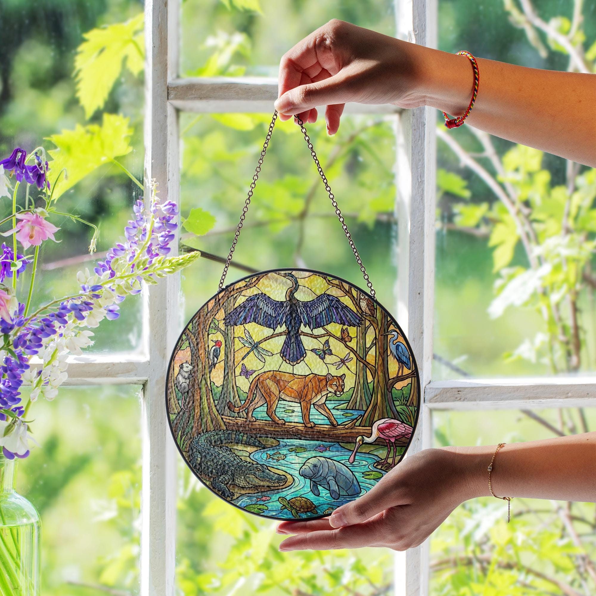 Stained Glass Suncatcher: Florida Everglades Wildlife Scene Round Window Hanging image 2