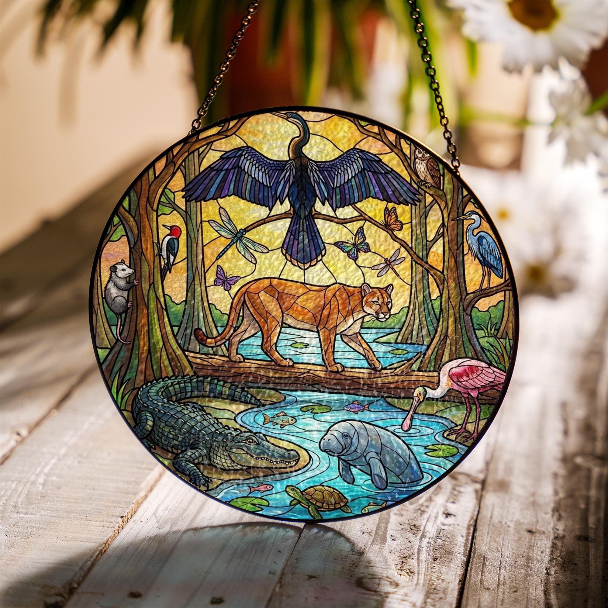 Stained Glass Suncatcher: Florida Everglades Wildlife Scene Round Window Hanging image 1