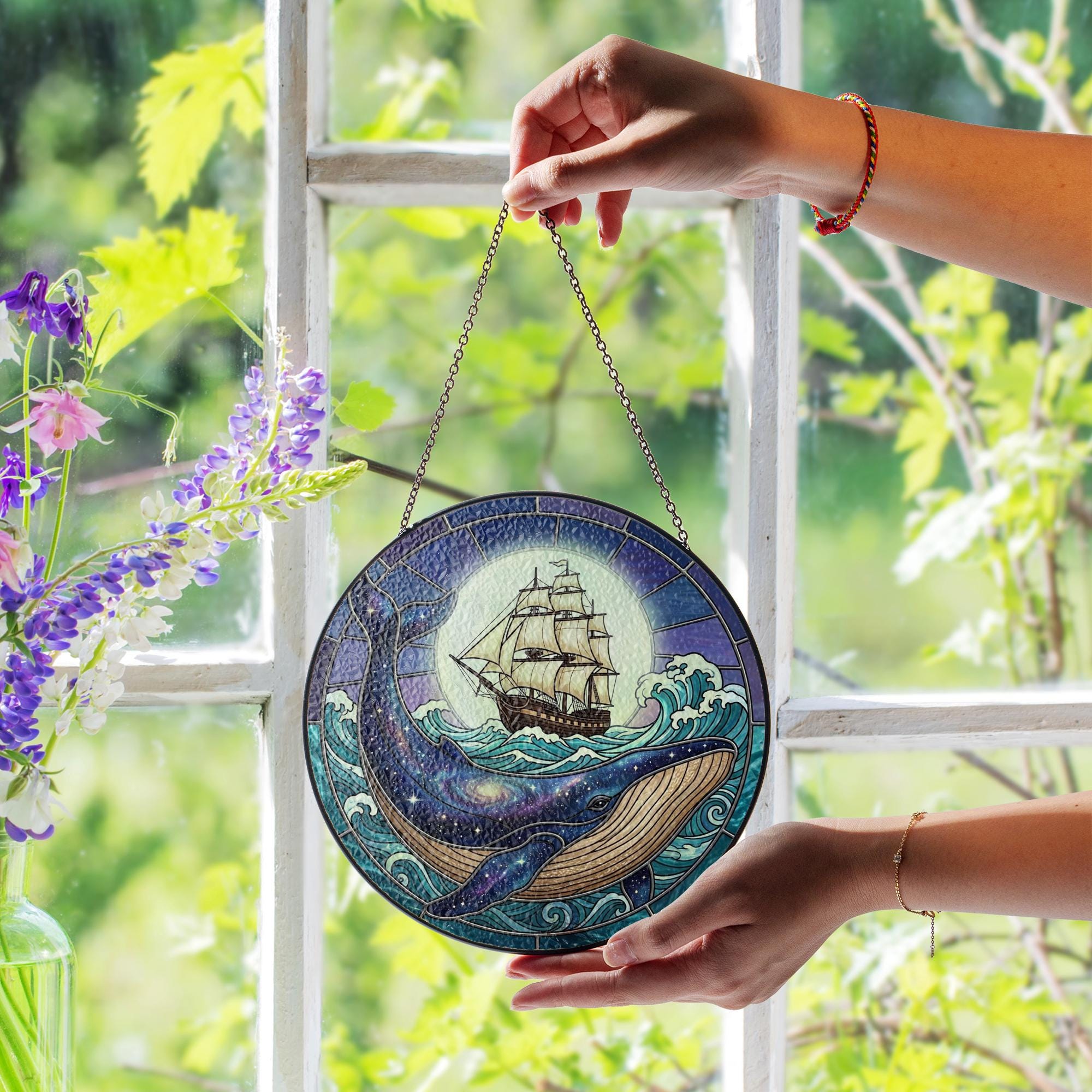 Stained Glass Suncatcher: Celestial Humpback Whale and Ship Round Window Hanging image 2