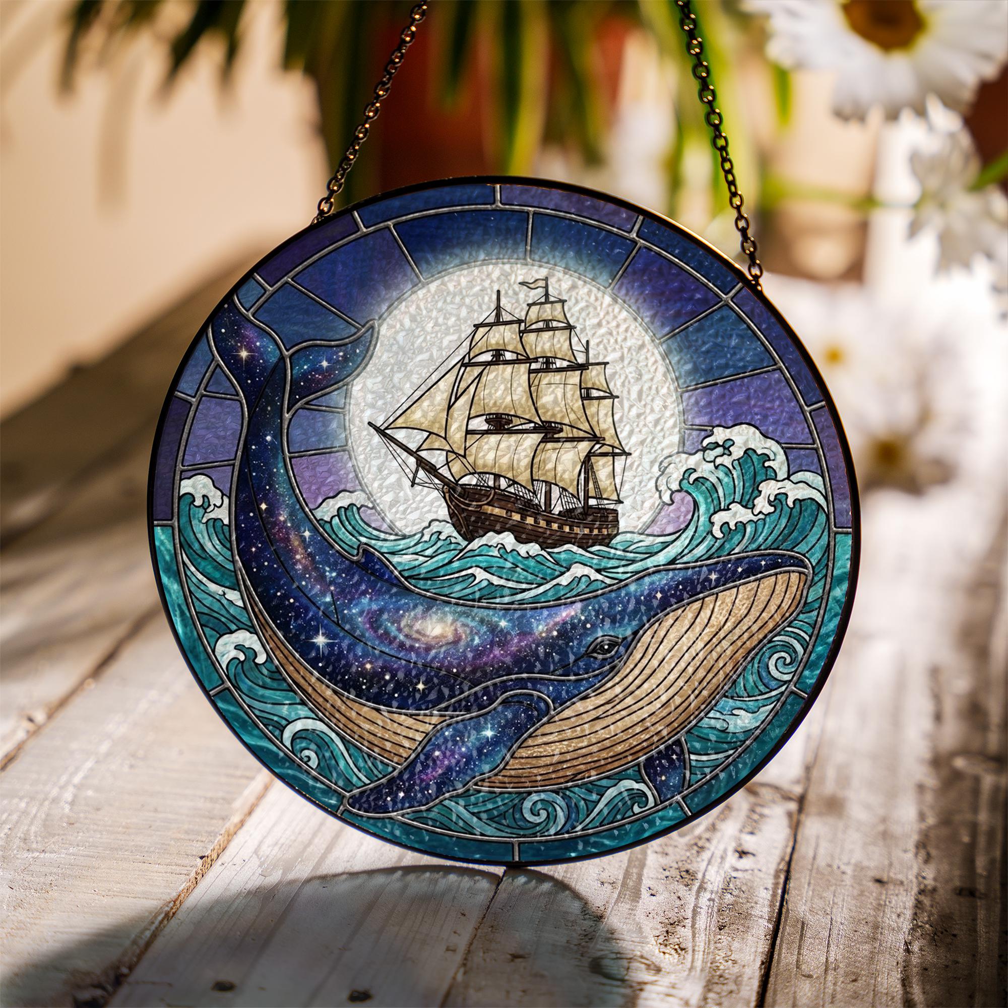 Stained Glass Suncatcher: Celestial Humpback Whale and Ship Round Window Hanging image 1