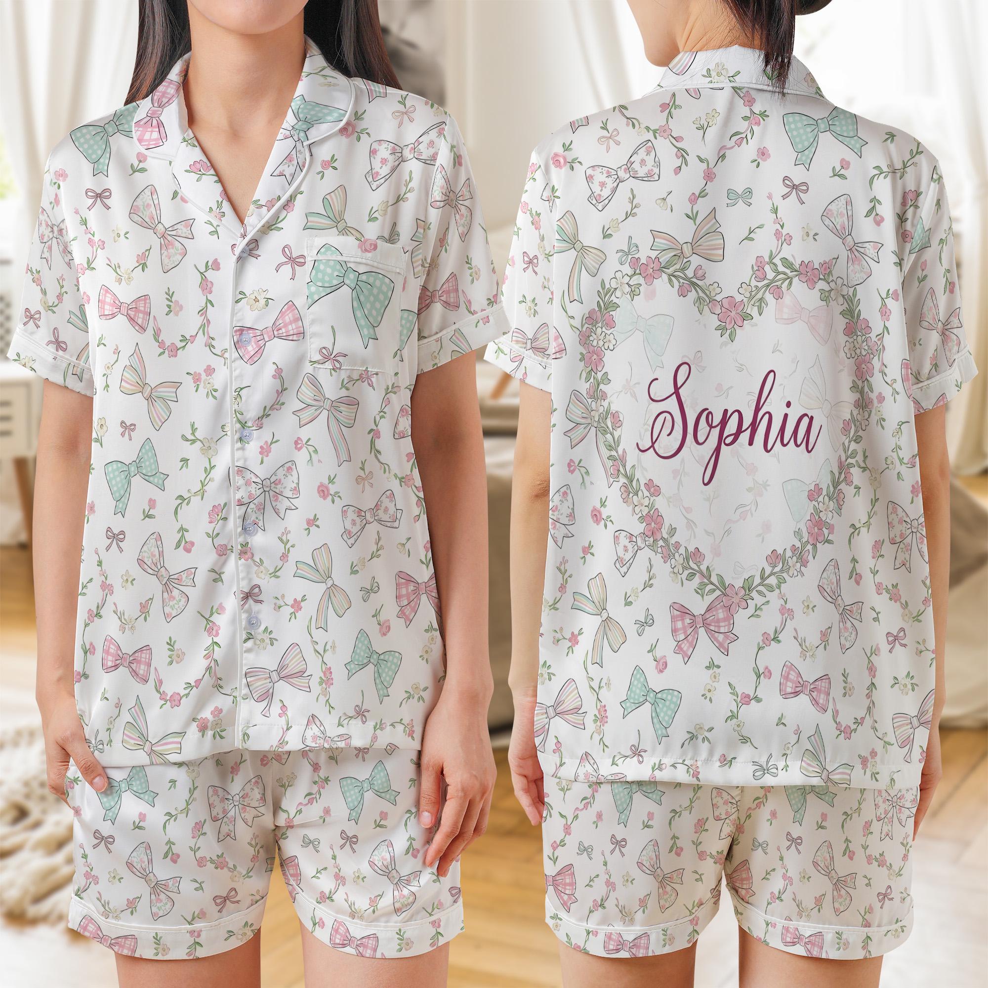 Satin Pajama Set: Coquette Bow and Floral Print Short Sleeve Button Down image 1