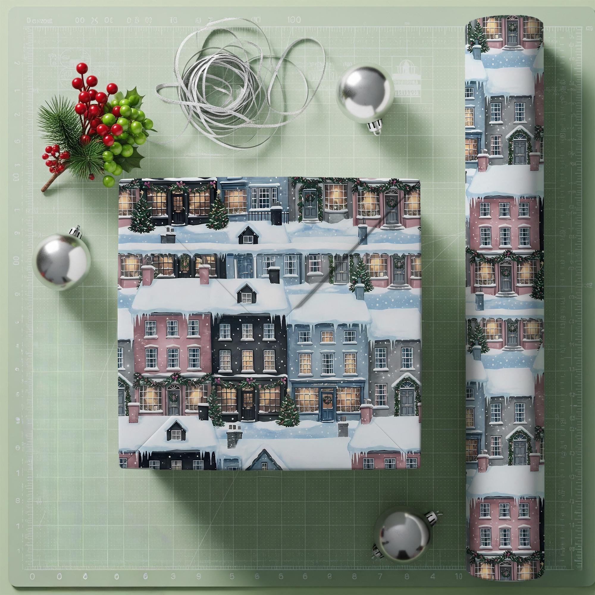 Wrapping Paper: Watercolor Snowy Winter Town Village Print Christmas Street Scene image 1