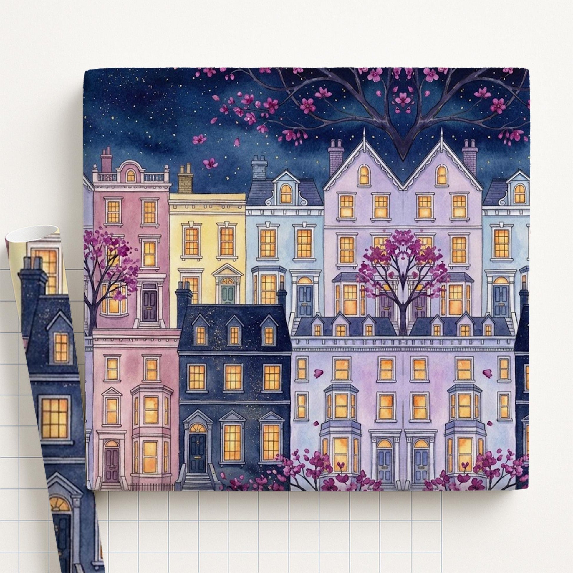 Wrapping Paper: Starry Night City Townhouse Print with Pink Blossoms image 1