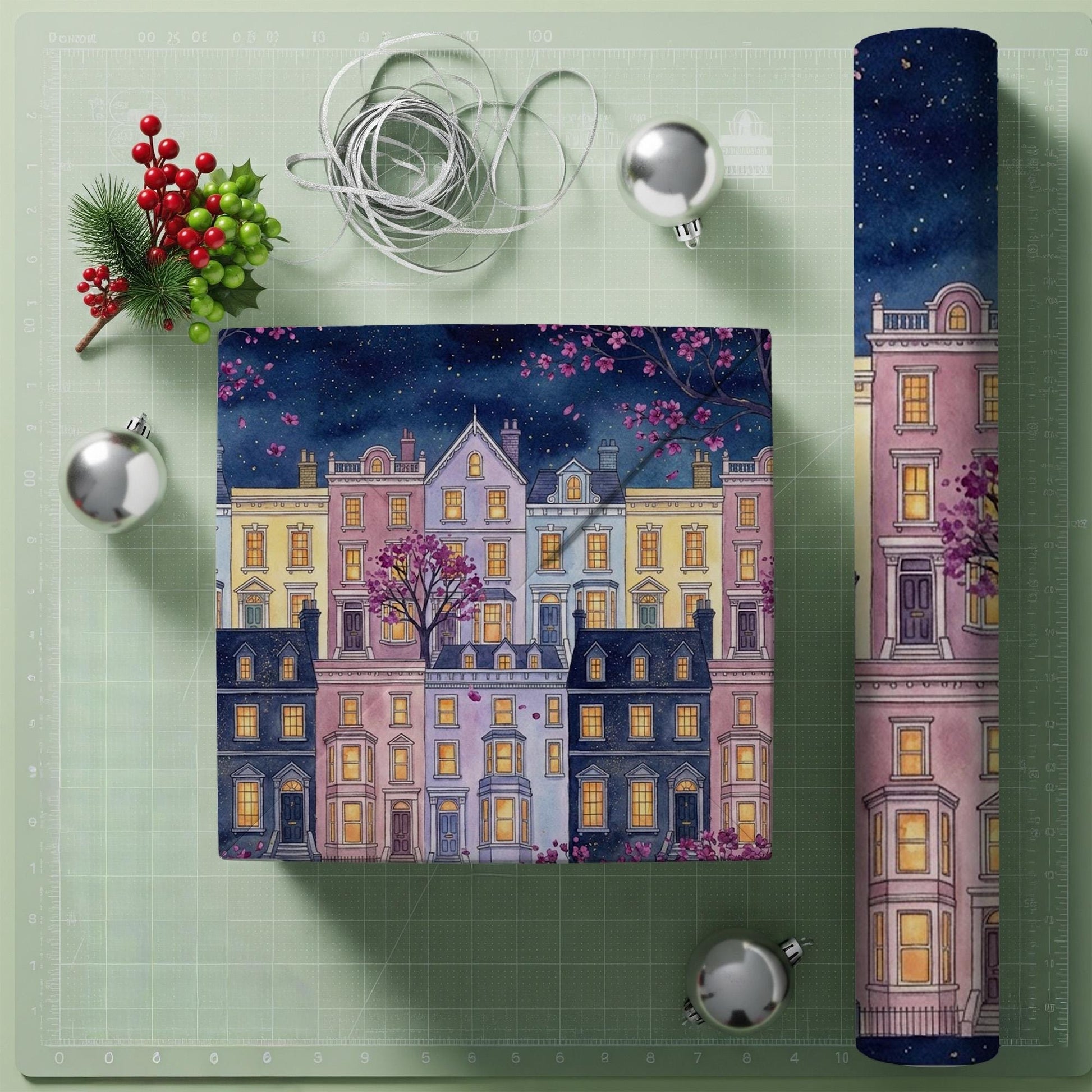 Wrapping Paper: Starry Night City Townhouse Print with Pink Blossoms image 4