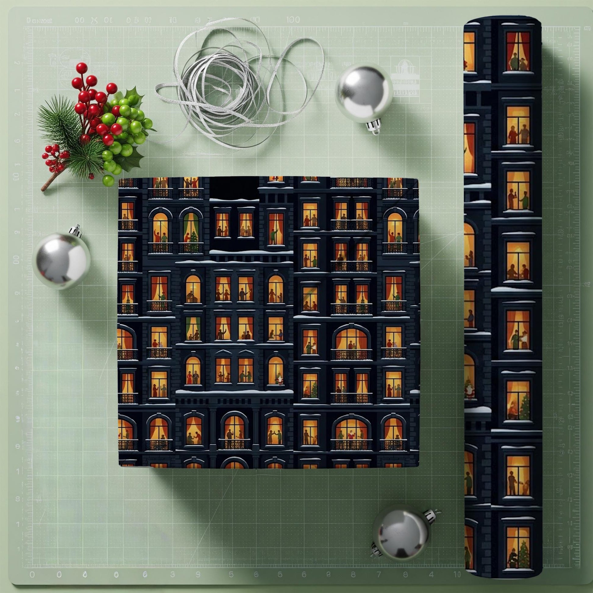 Wrapping Paper: Night City Apartment Windows and Silhouettes Print image 4
