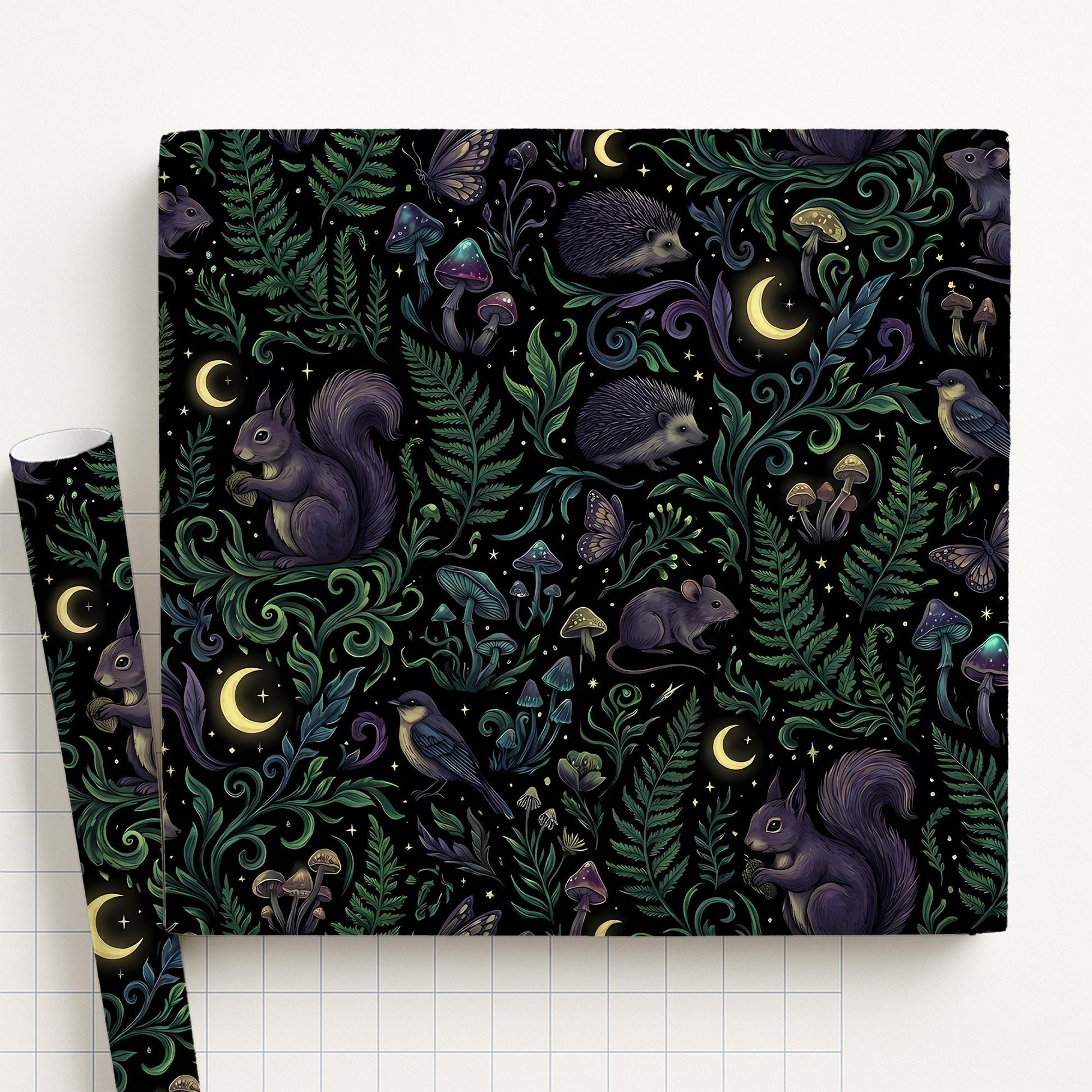 Wrapping Paper: Dark Enchanted Forest Animals, Moon and Mushroom Print image 1