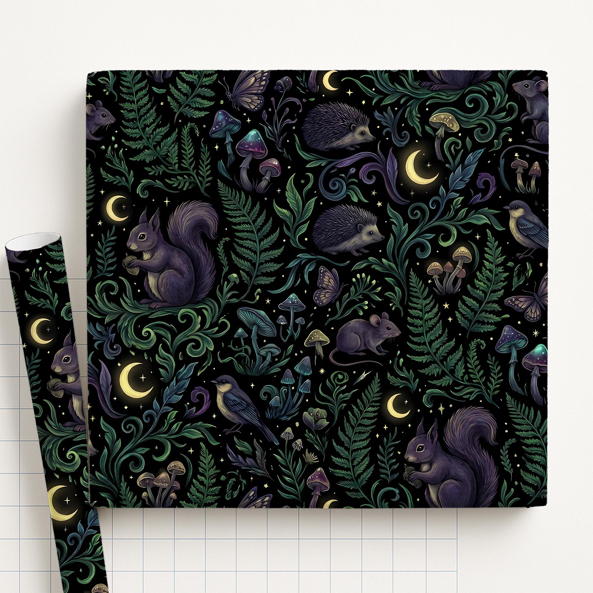 Wrapping Paper: Dark Enchanted Forest Animals, Moon and Mushroom Print image 1