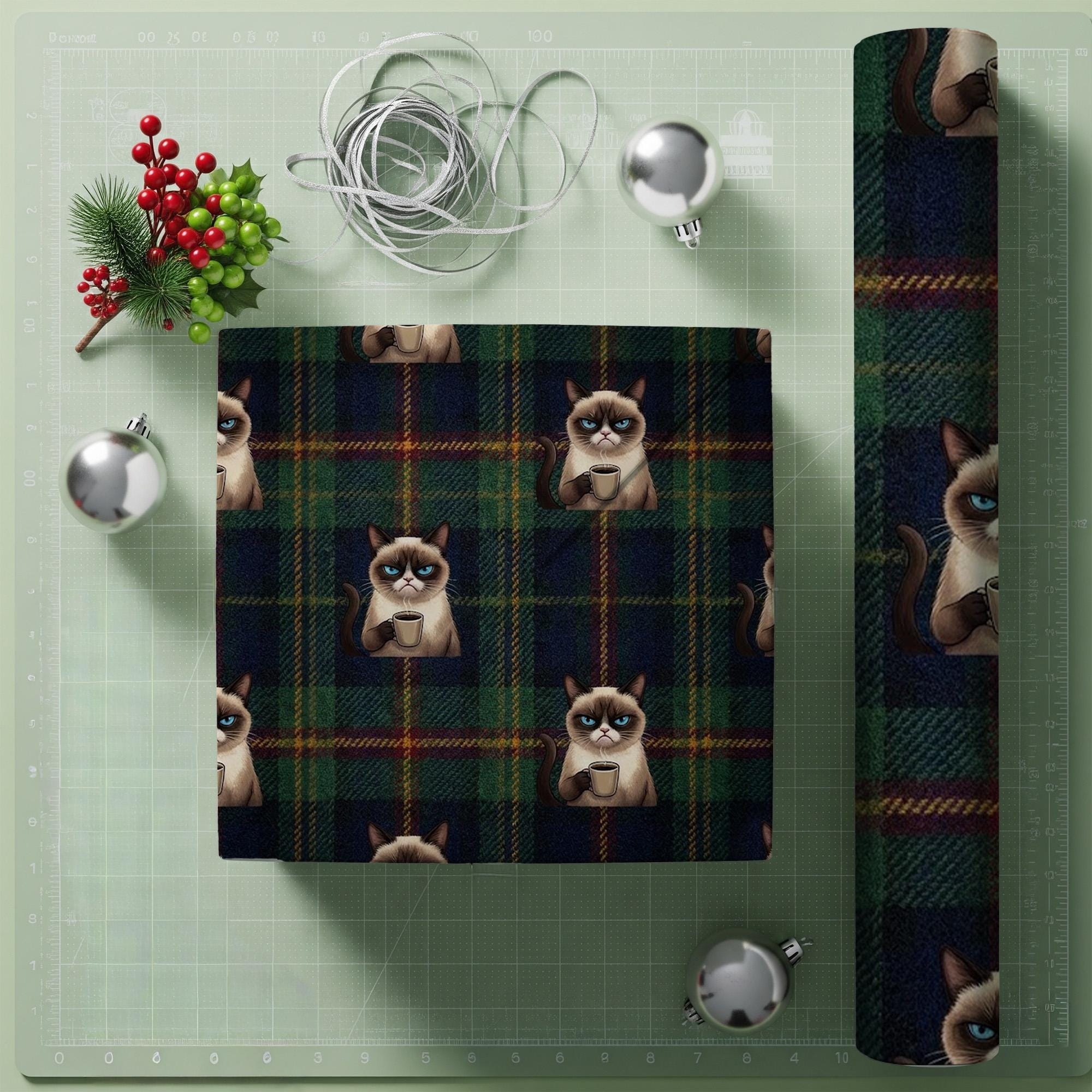 Wrapping Paper: Grumpy Siamese Cat Drinking Coffee Green Tartan Plaid Print image 1