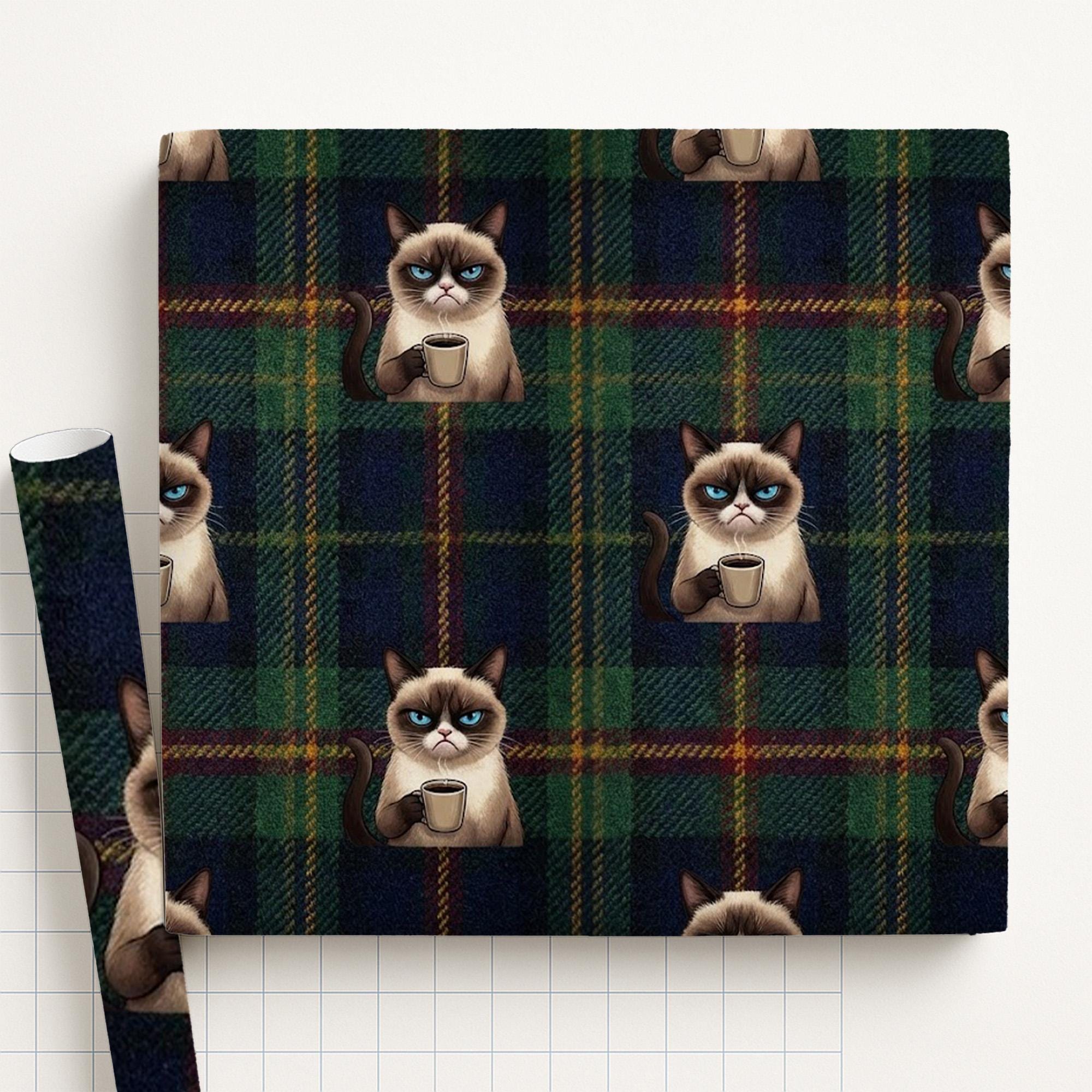 Wrapping Paper: Grumpy Siamese Cat Drinking Coffee Green Tartan Plaid Print image 2