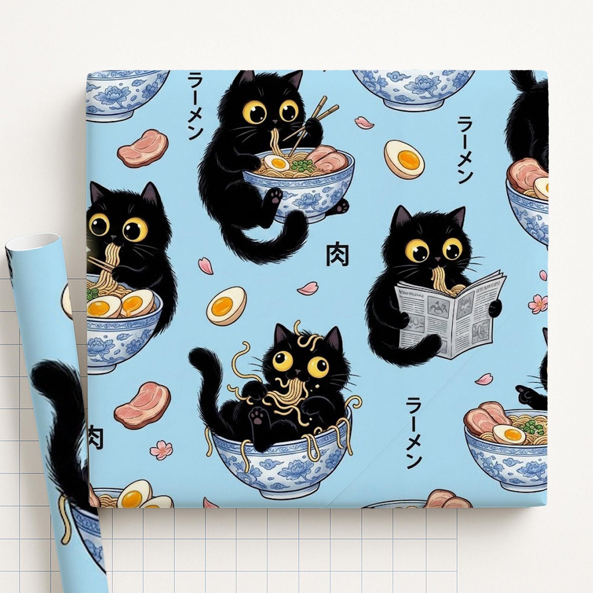 Wrapping Paper: Kawaii Black Cat Eating Ramen Noodles Anime Print image 1