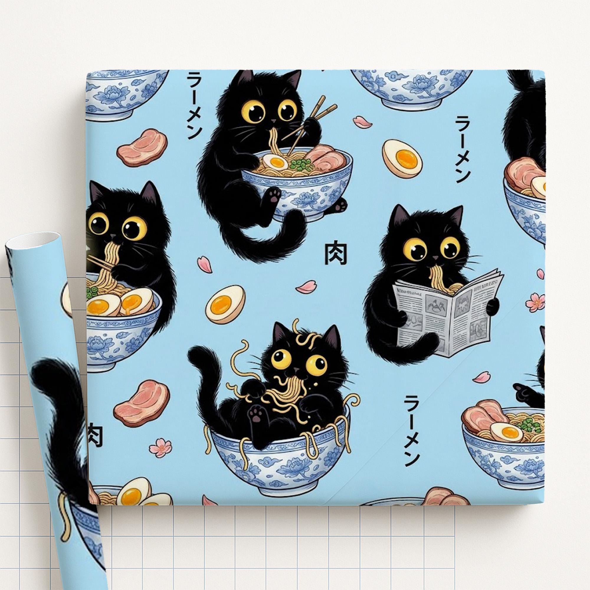 Wrapping Paper: Kawaii Black Cat Eating Ramen Noodles Anime Print image 1