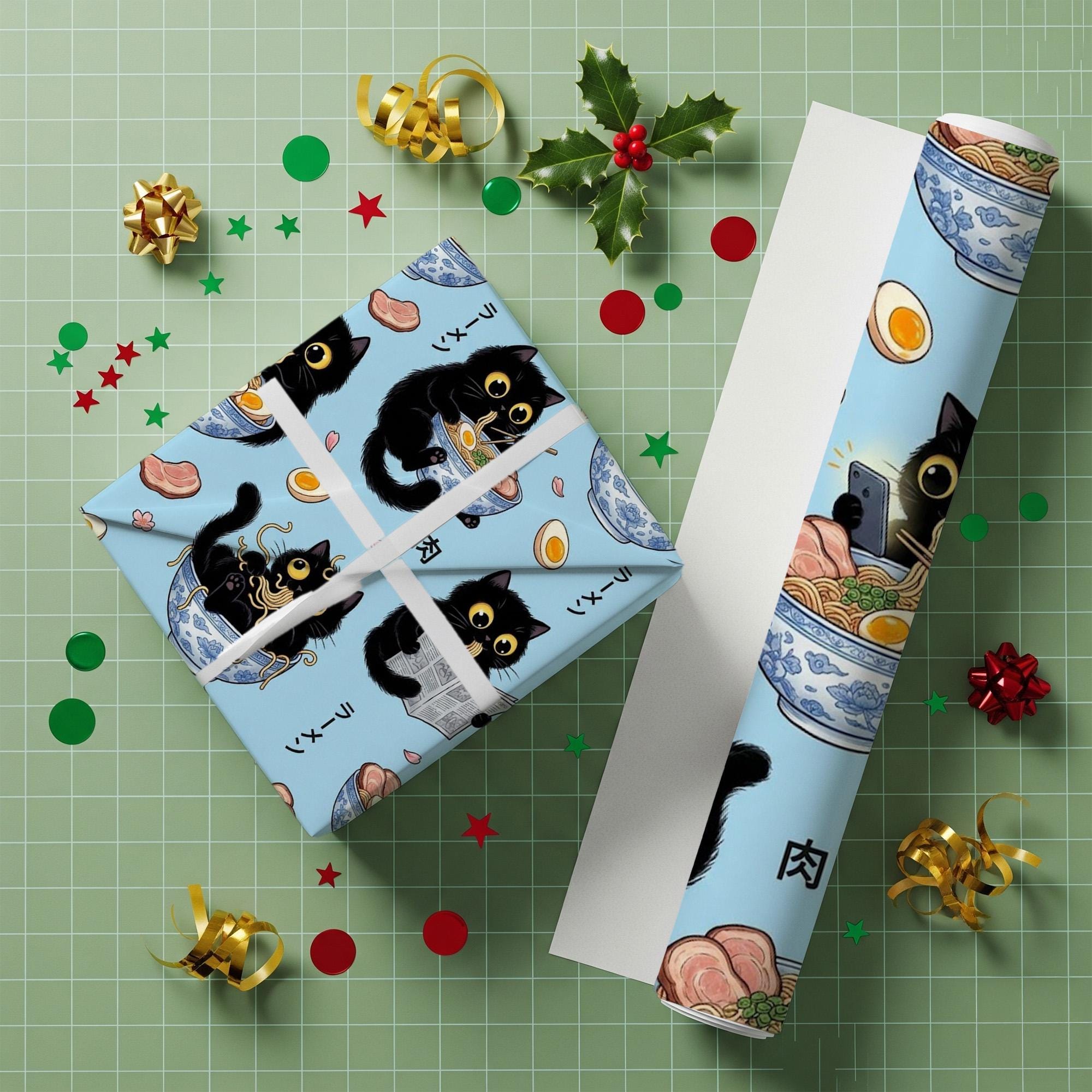Wrapping Paper: Kawaii Black Cat Eating Ramen Noodles Anime Print image 3