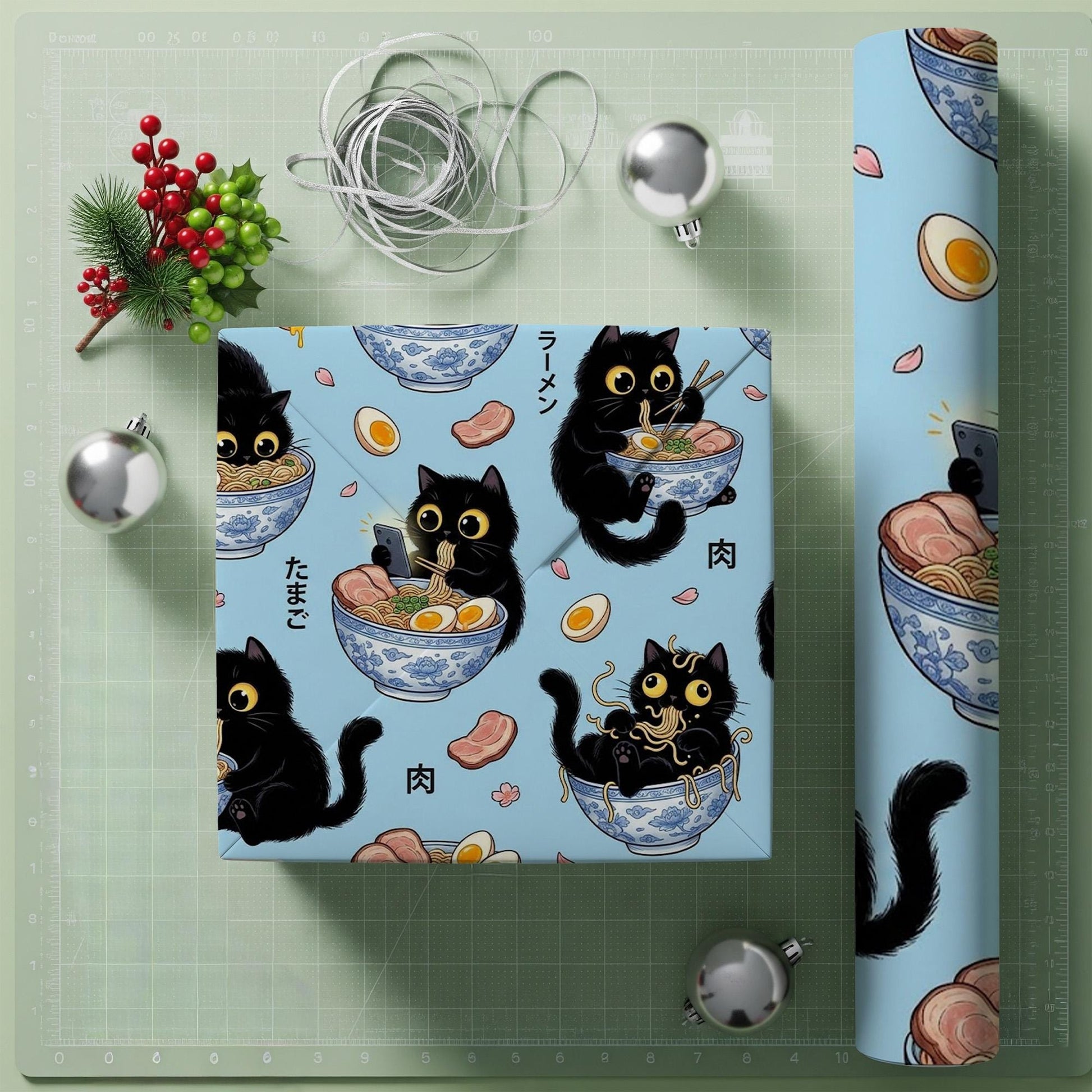Wrapping Paper: Kawaii Black Cat Eating Ramen Noodles Anime Print image 4