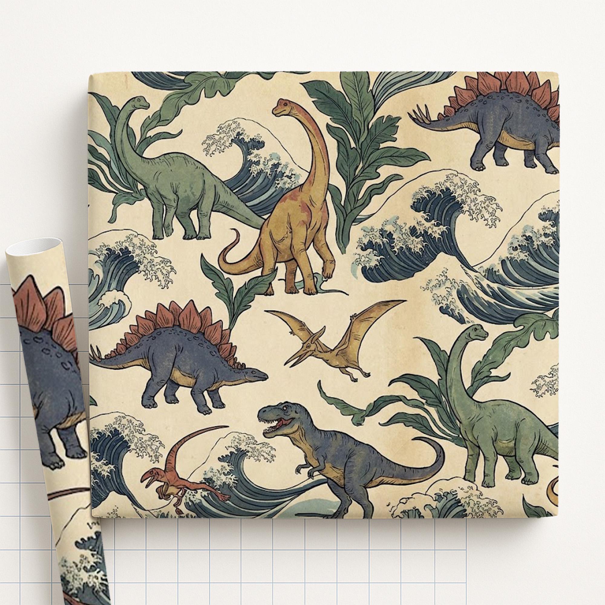 Wrapping Paper: Japanese Woodblock Style Dinosaur and Great Wave Print image 2