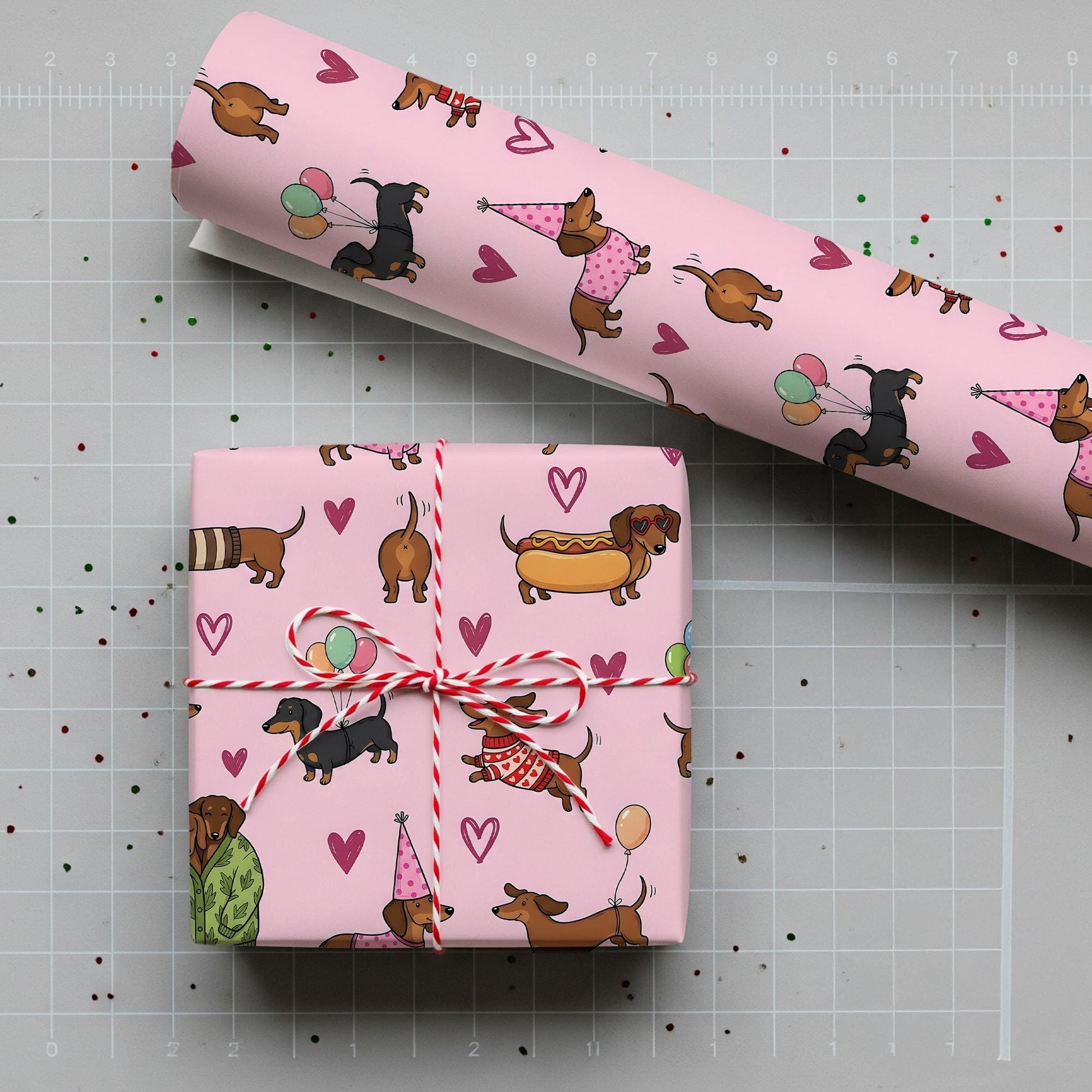 Wrapping Paper: Pink Dachshund Dog Print with Balloons, Hearts, and Sweaters image 3