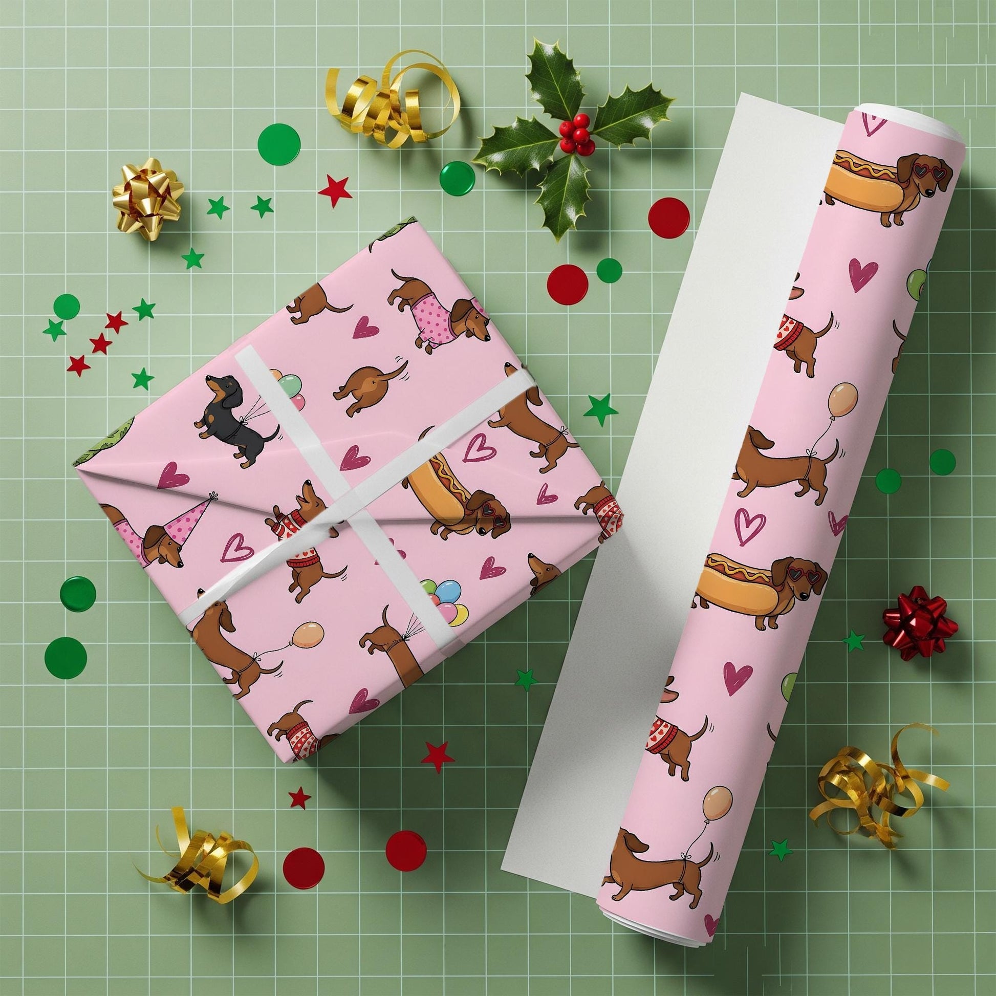 Wrapping Paper: Pink Dachshund Dog Print with Balloons, Hearts, and Sweaters image 4