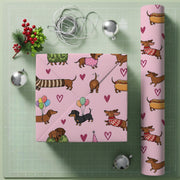 Wrapping Paper: Pink Dachshund Dog Print with Balloons, Hearts, and Sweaters image 1