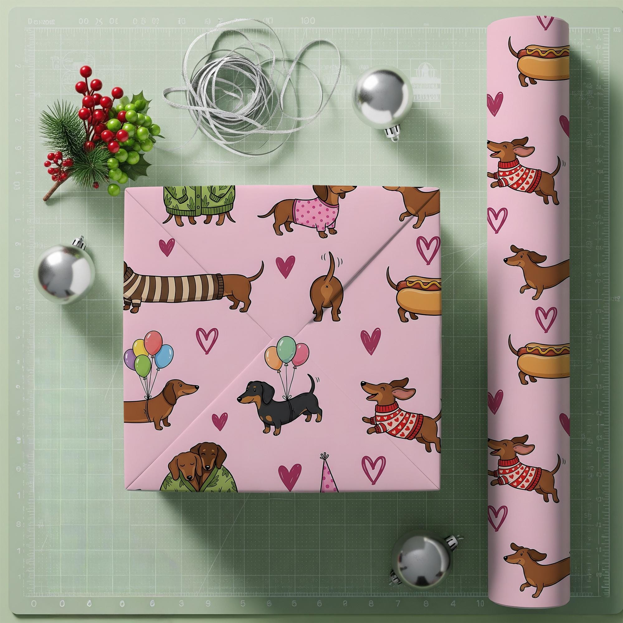 Wrapping Paper: Pink Dachshund Dog Print with Balloons, Hearts, and Sweaters image 1
