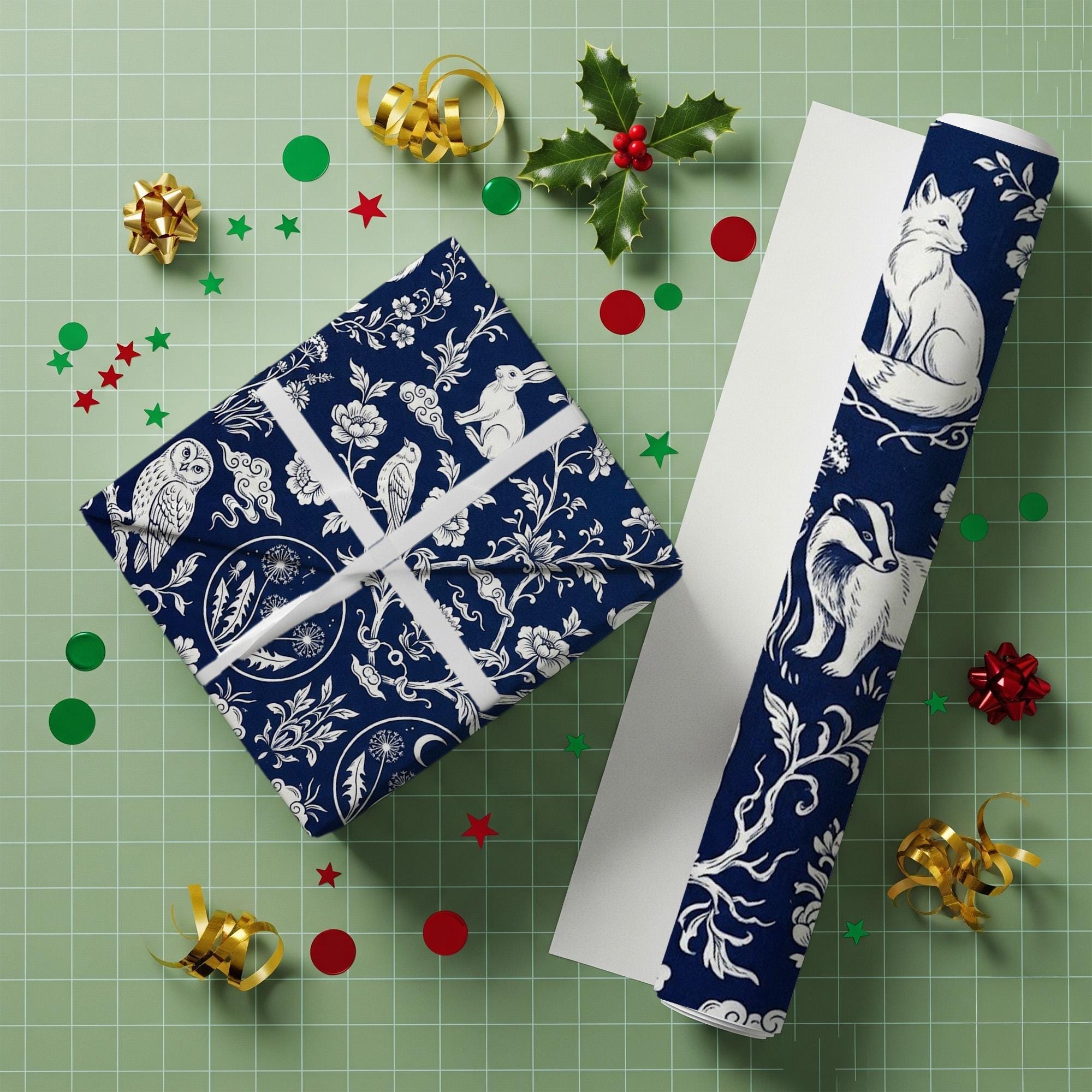 Wrapping Paper: Navy Blue Toile de Jouy Woodland Animal and Floral Print image 4
