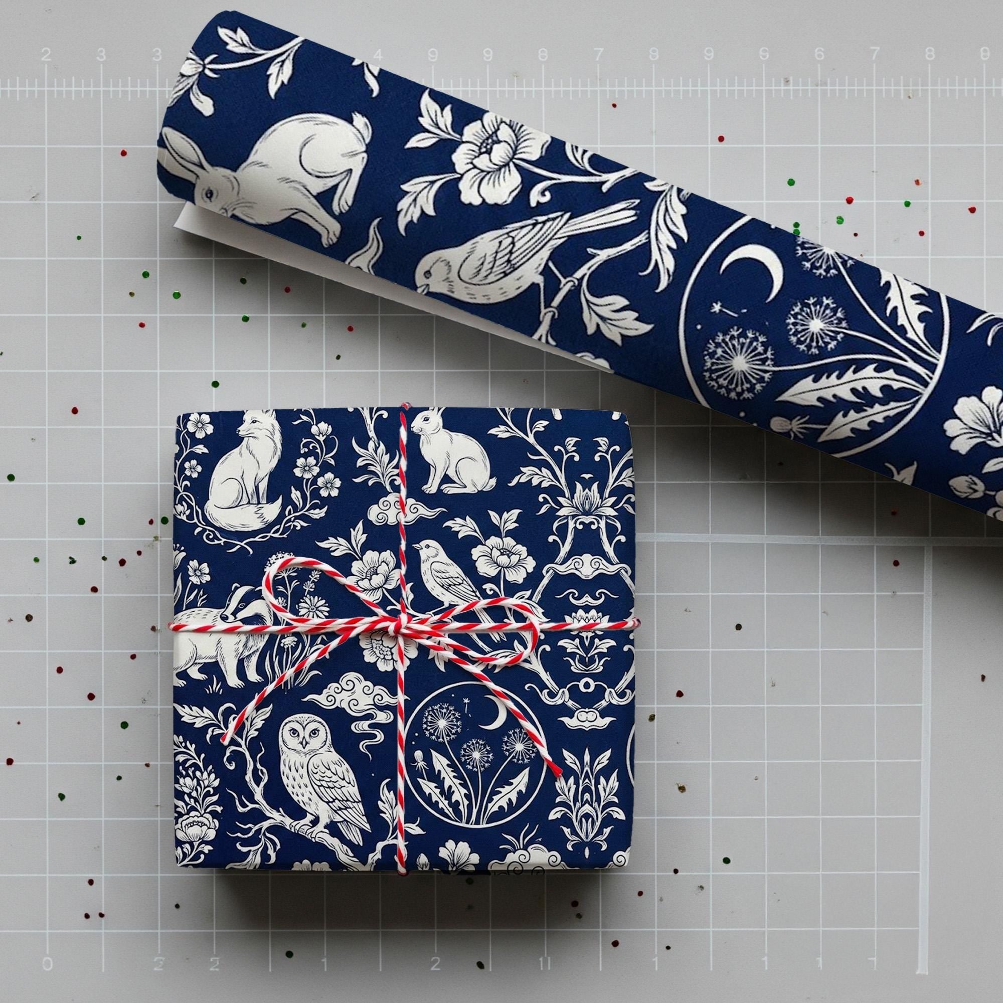 Wrapping Paper: Navy Blue Toile de Jouy Woodland Animal and Floral Print image 3