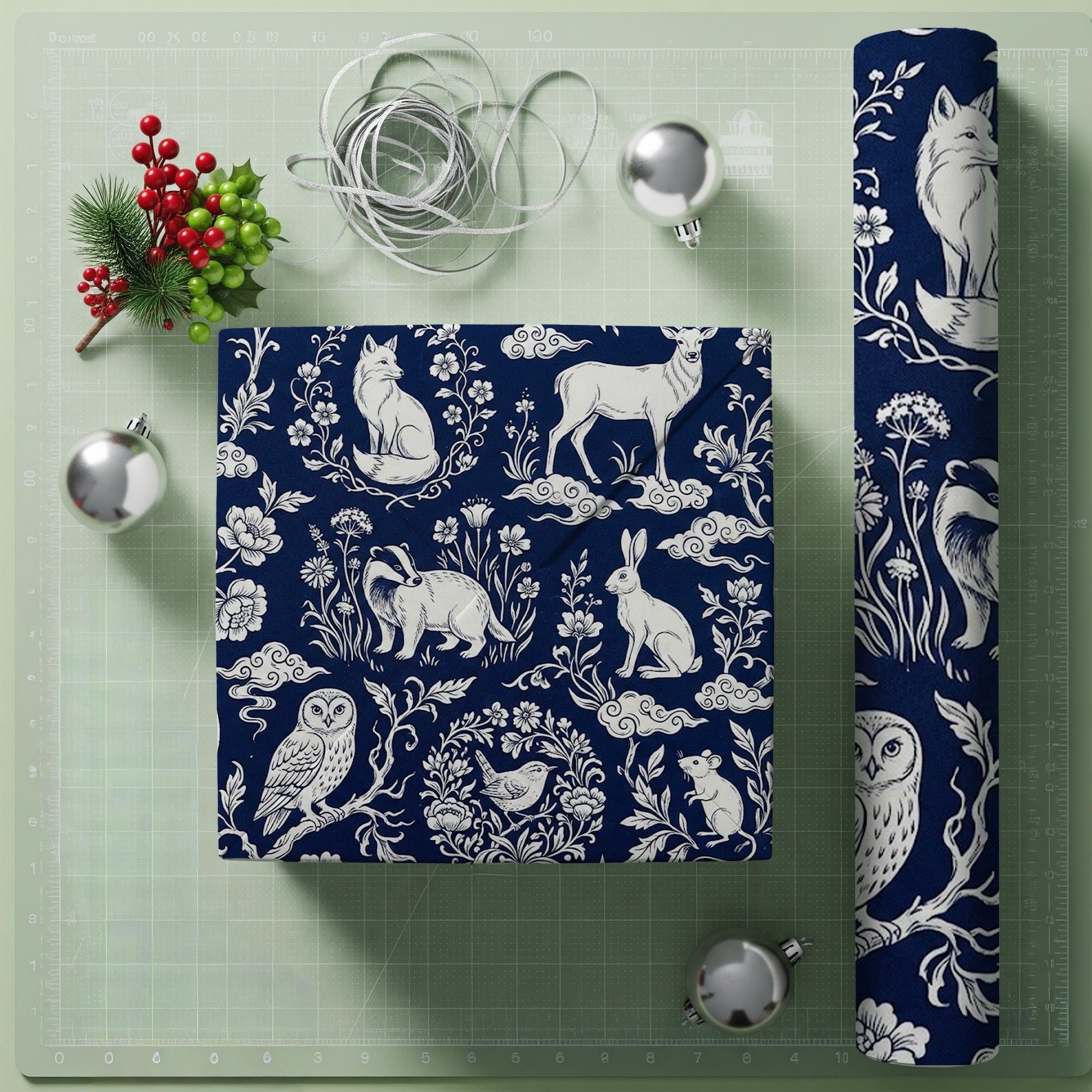Wrapping Paper: Navy Blue Toile de Jouy Woodland Animal and Floral Print image 1