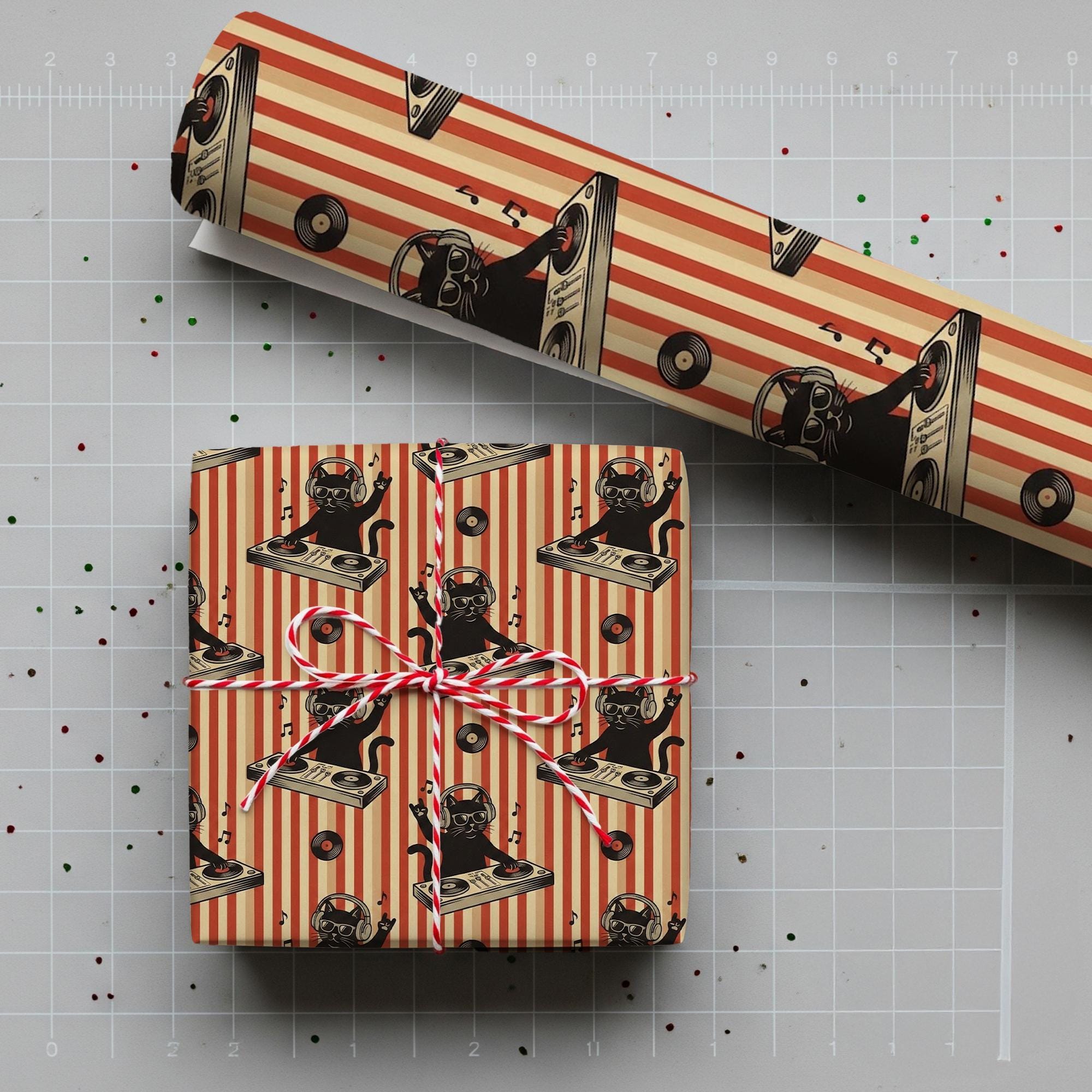 Wrapping Paper: Black Cat DJ with Vinyl Record and Headphones Retro Striped Print image 2