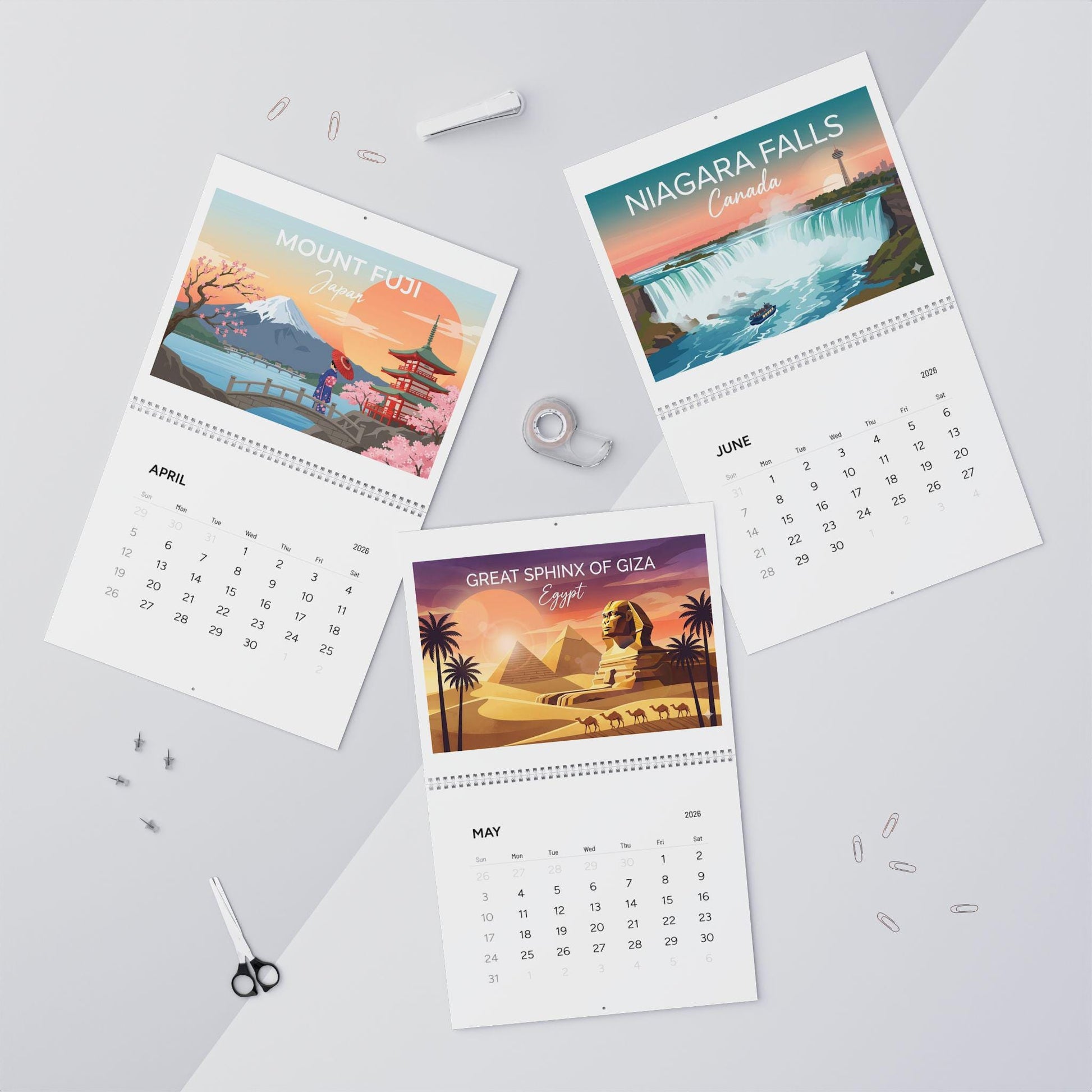2026 Wall Calendar: World Landmarks Sunset Illustrations Travel Monthly Planner image 4