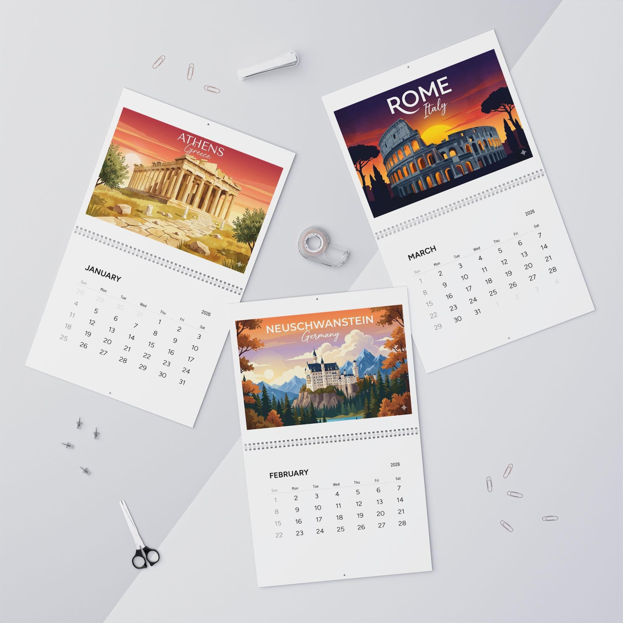 2026 Wall Calendar: World Landmarks Sunset Illustrations Travel Monthly Planner image 5