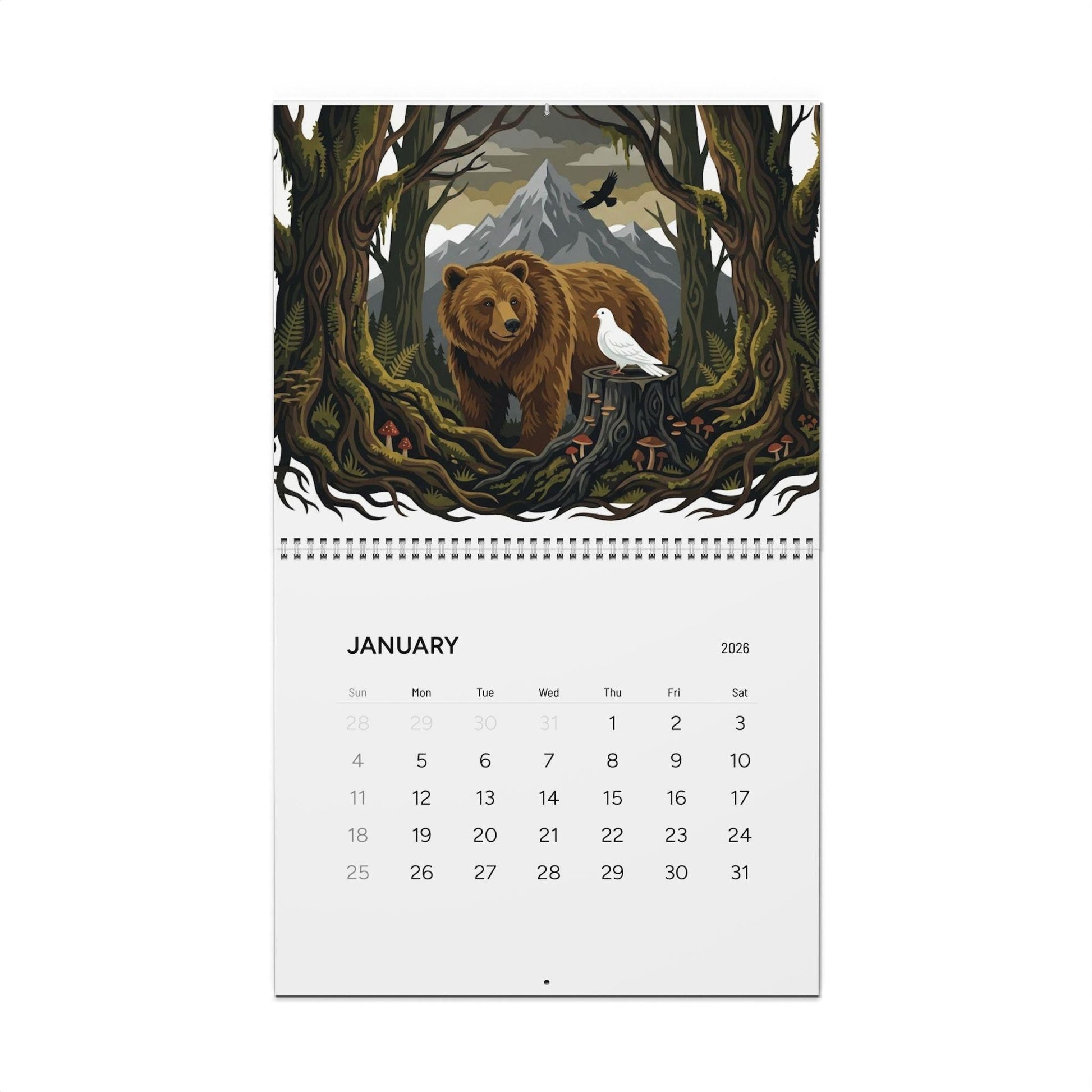 Wire Bound 2026 Wall Calendar: Wildlife Jungle & Misty Forest Illustrations, 12 Month Hanging Planner image 2