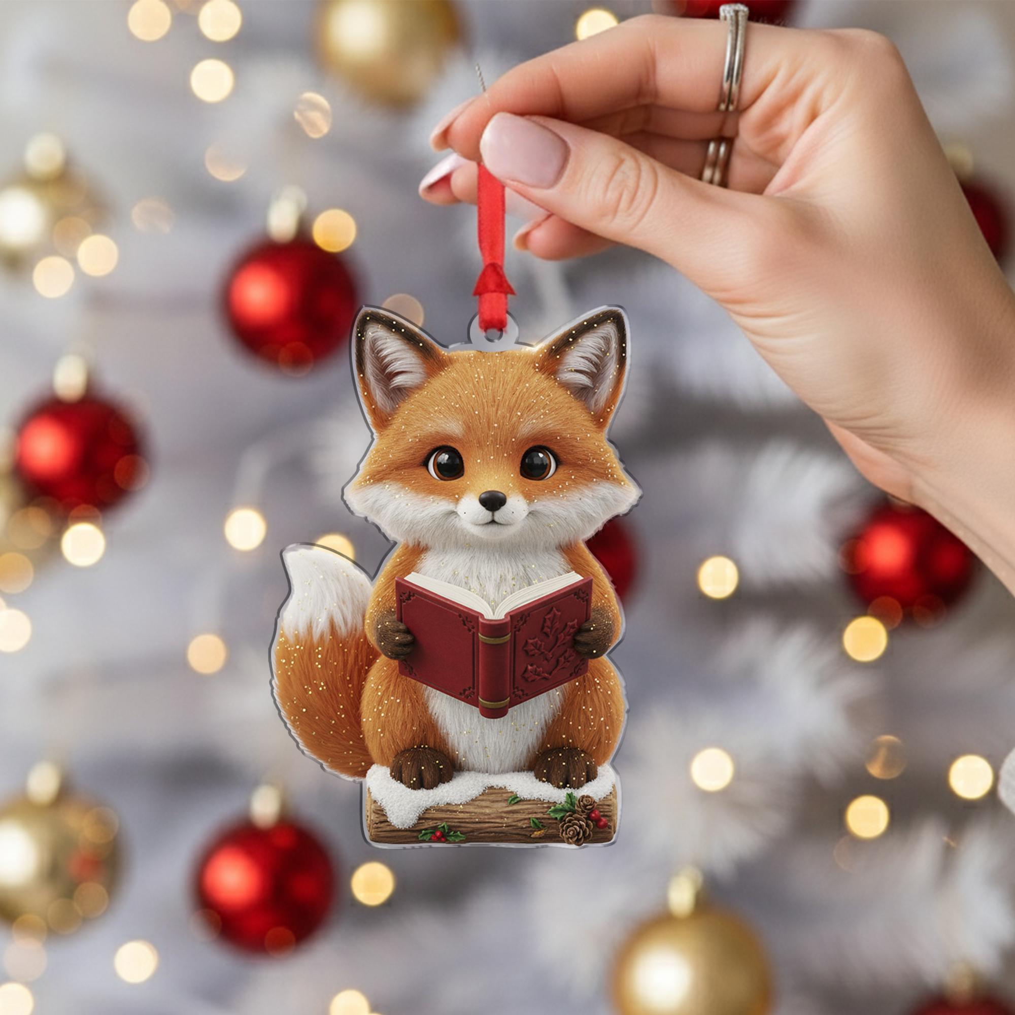 Reading Fox Christmas Tree Ornament, Woodland Holiday Decoration image 1