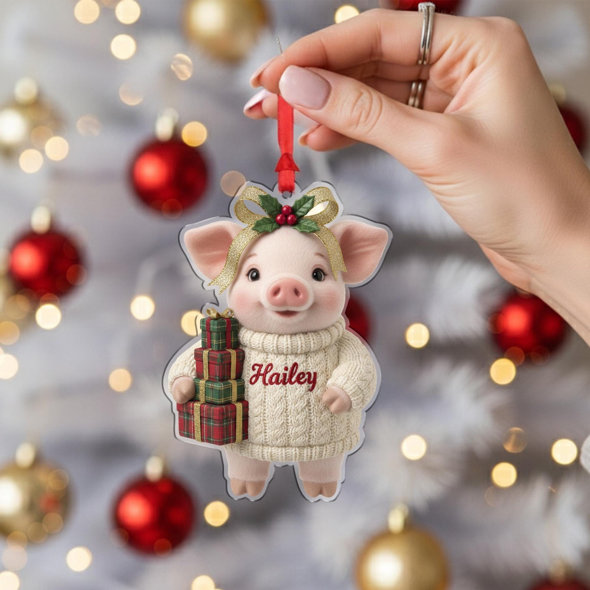 Personalized Pig Christmas Tree Ornament, Holiday Animal Decoration image 4