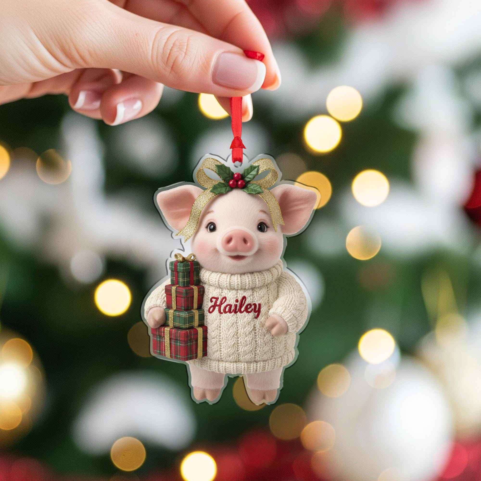 Personalized Pig Christmas Tree Ornament, Holiday Animal Decoration image 5