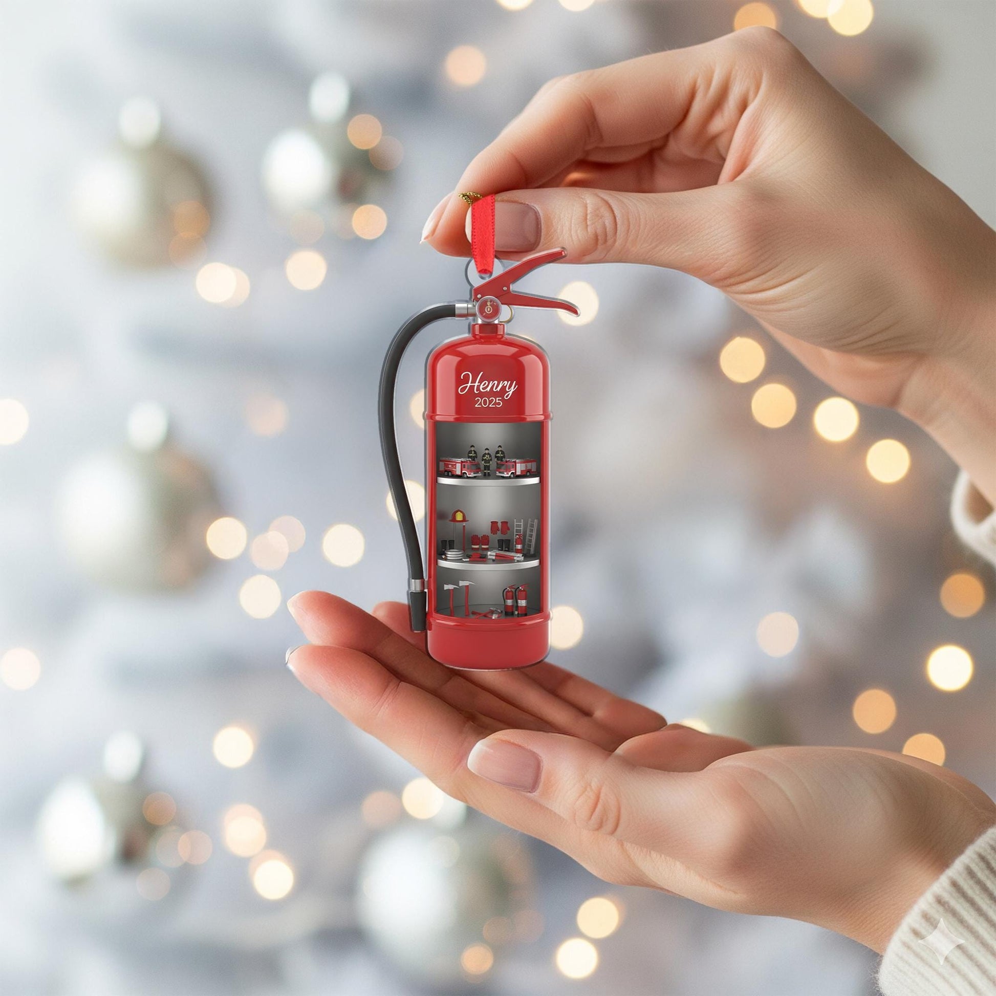 Personalized Fire Extinguisher Ornament: Diorama with Firefighter Theme, Miniature Scene image 4