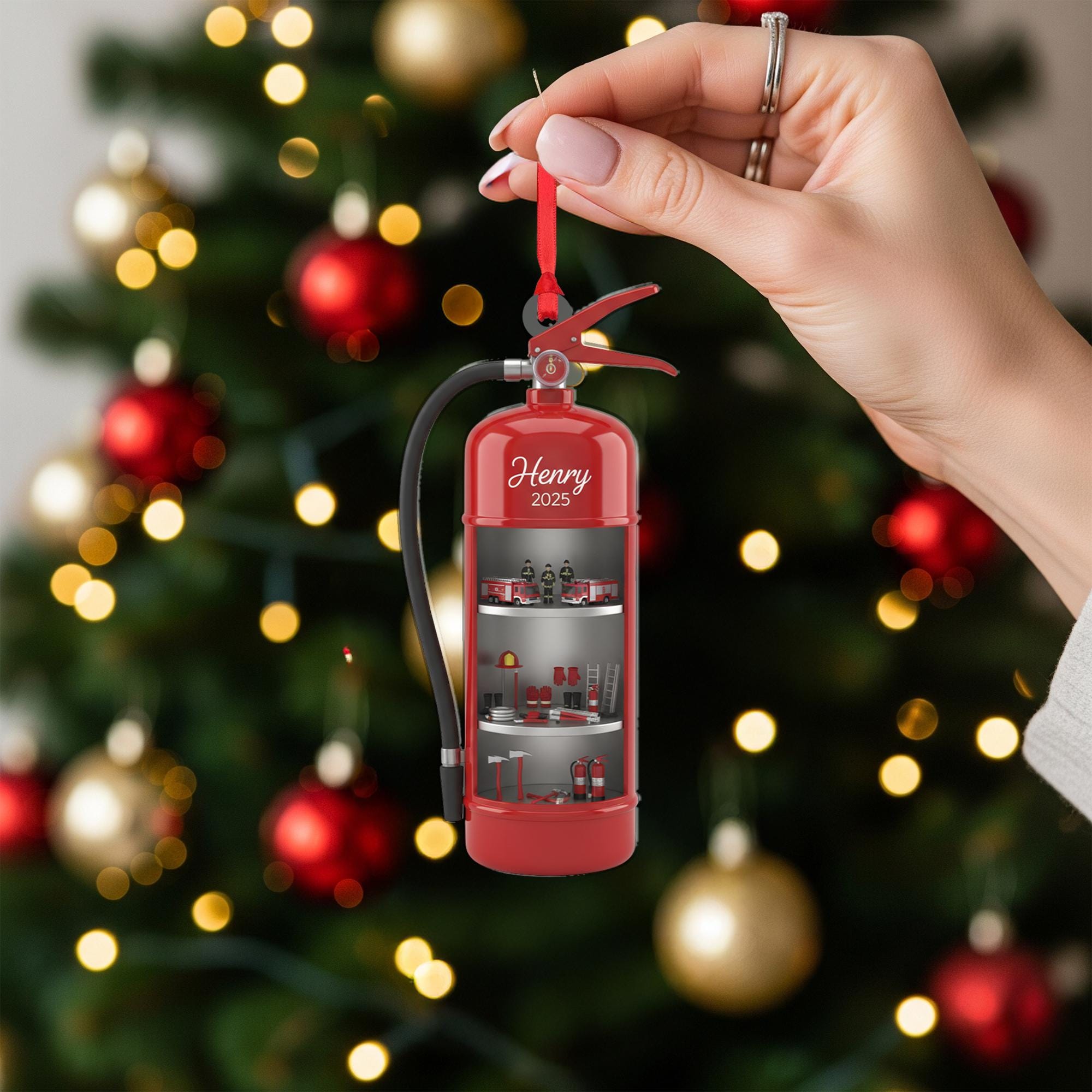 Personalized Fire Extinguisher Ornament: Diorama with Firefighter Theme, Miniature Scene image 7